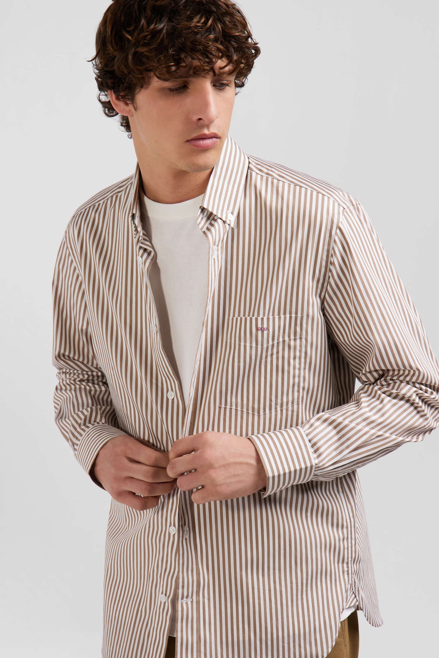 Regular brown striped cotton poplin shirt