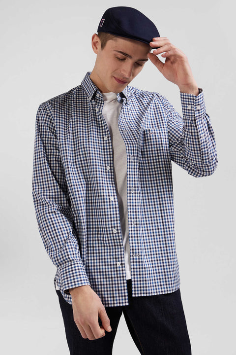 Regular navy blue and white checked cotton poplin shirt - Image 3