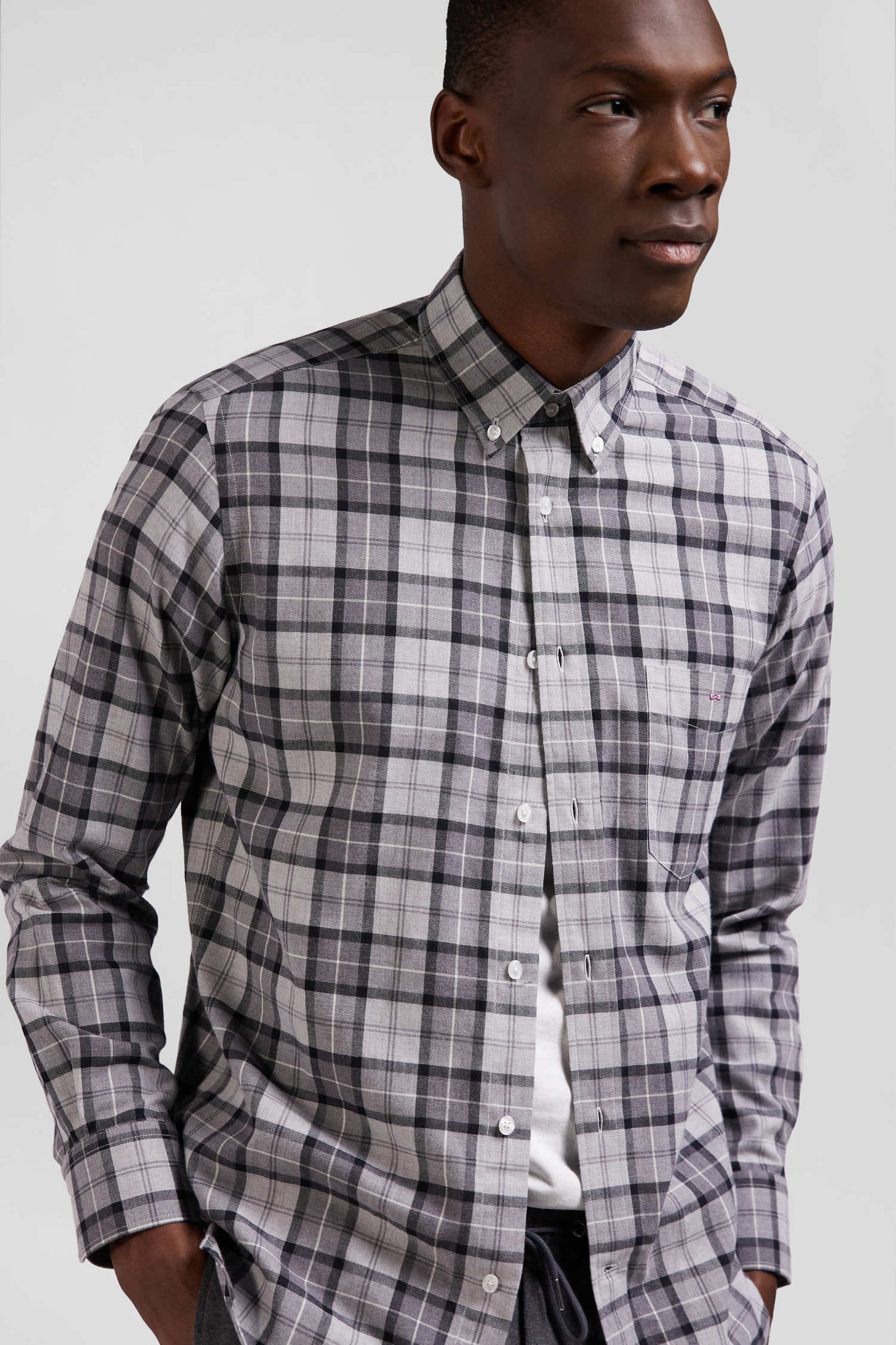Regular grey checked cotton twill shirt