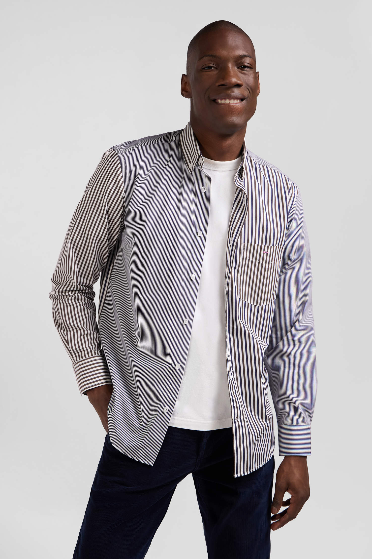 Regular brown striped cotton poplin shirt