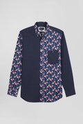 Regular navy blue cotton twill shirt with micro floral print