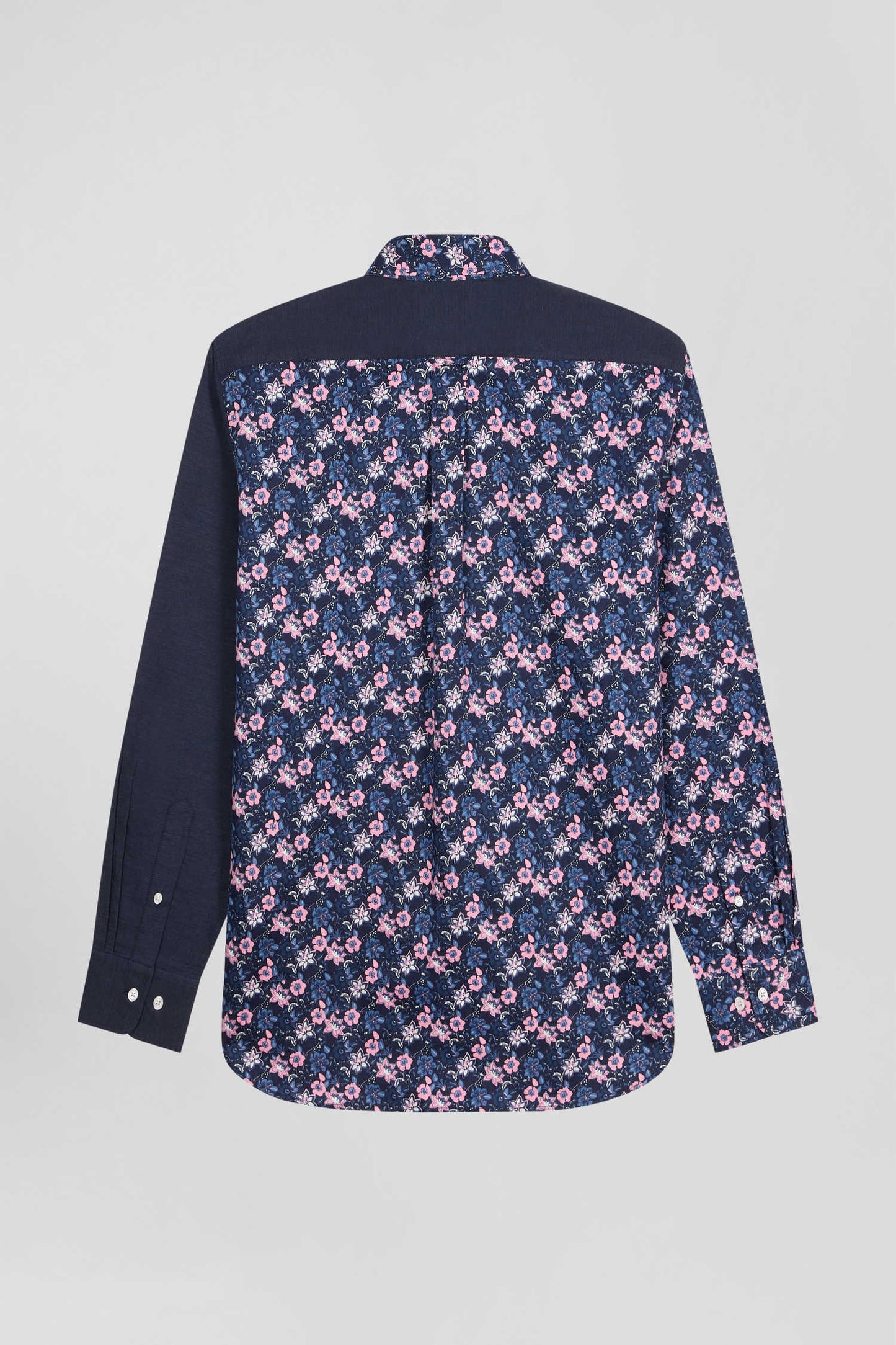 Regular navy blue cotton twill shirt with micro floral print