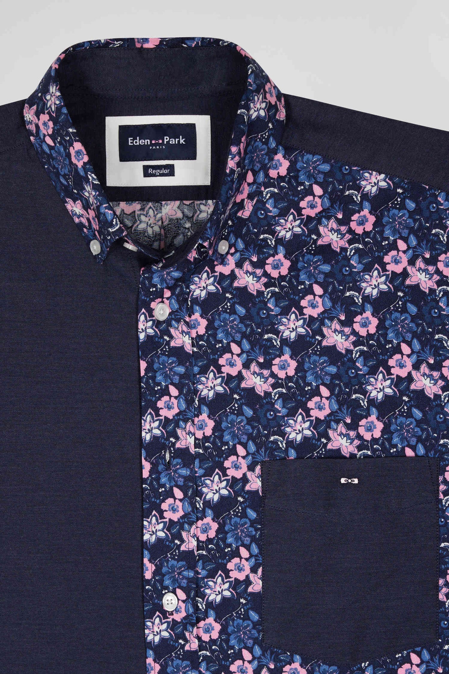 Regular navy blue cotton twill shirt with micro floral print