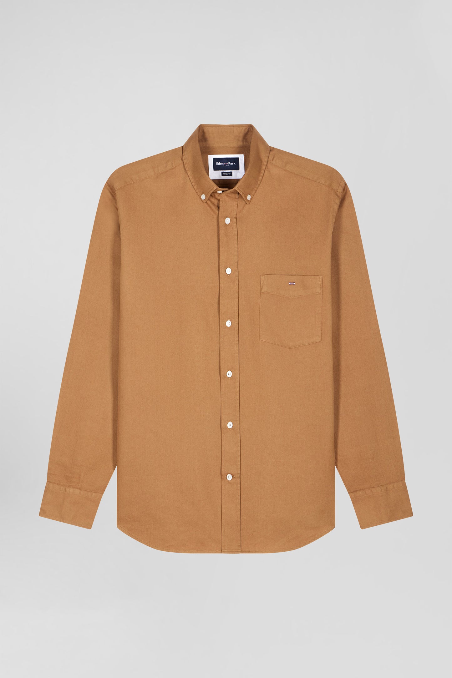 Regular plain camel piqué cotton shirt