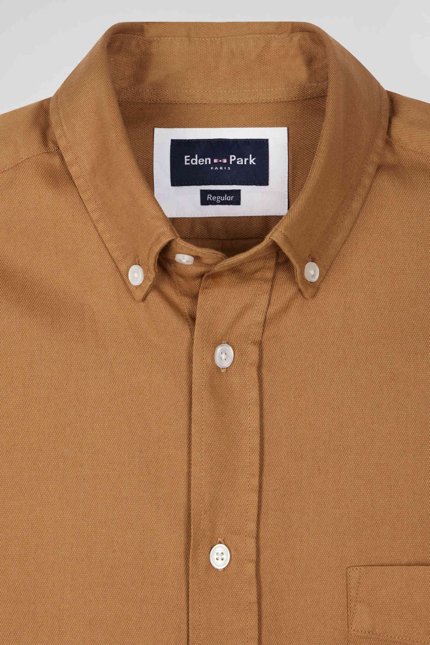 Regular plain camel piqué cotton shirt