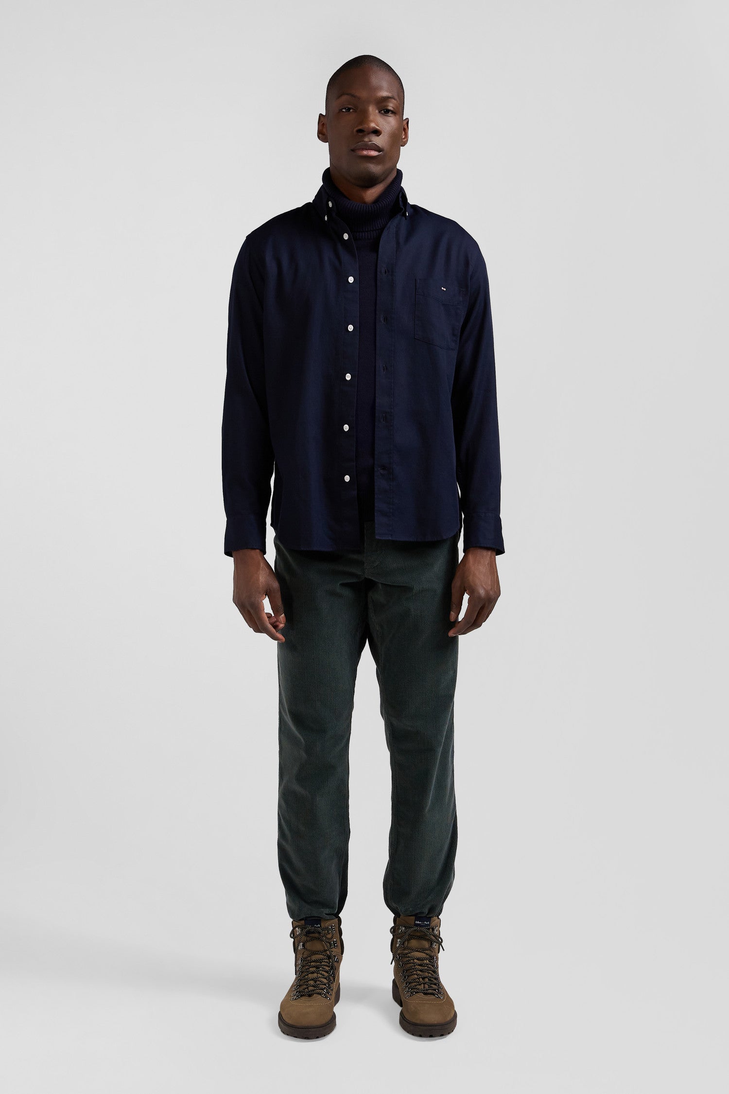 Regular plain navy blue piqué cotton shirt