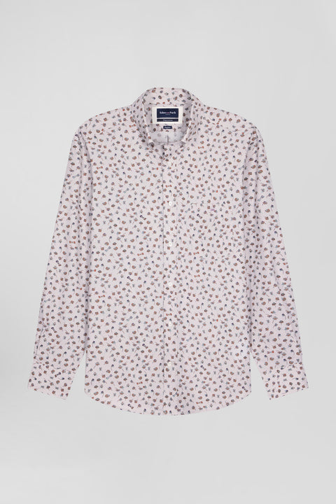 Regular beige cotton poplin shirt with microprint - Image 2