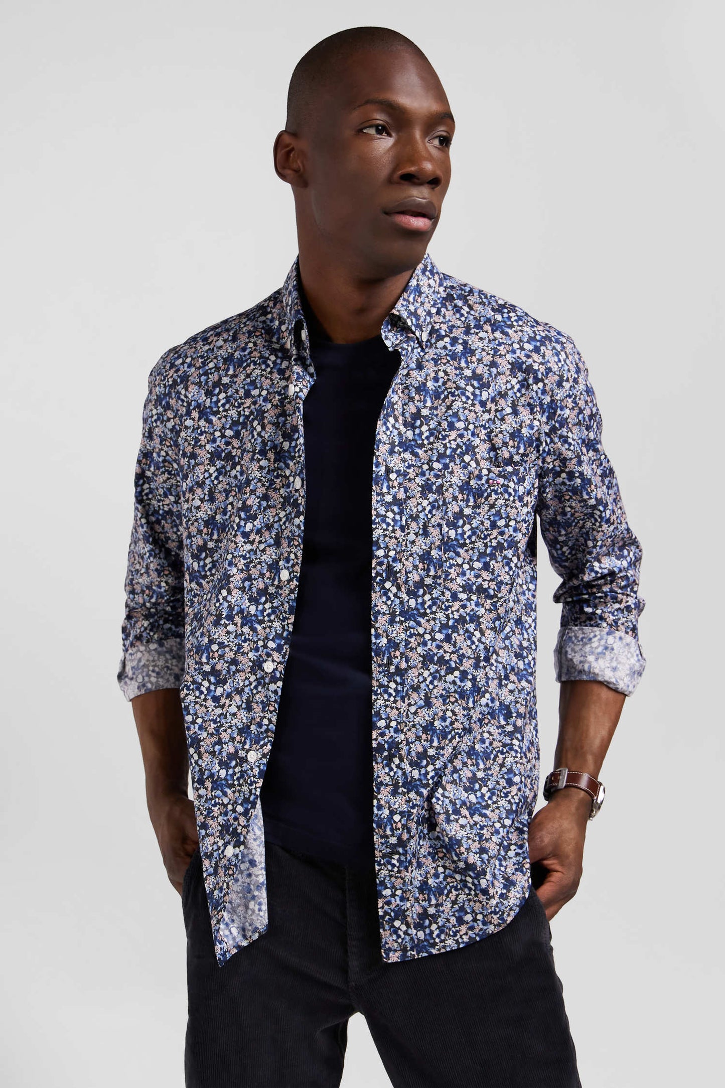 Regular navy blue Pima cotton poplin shirt with micro floral print