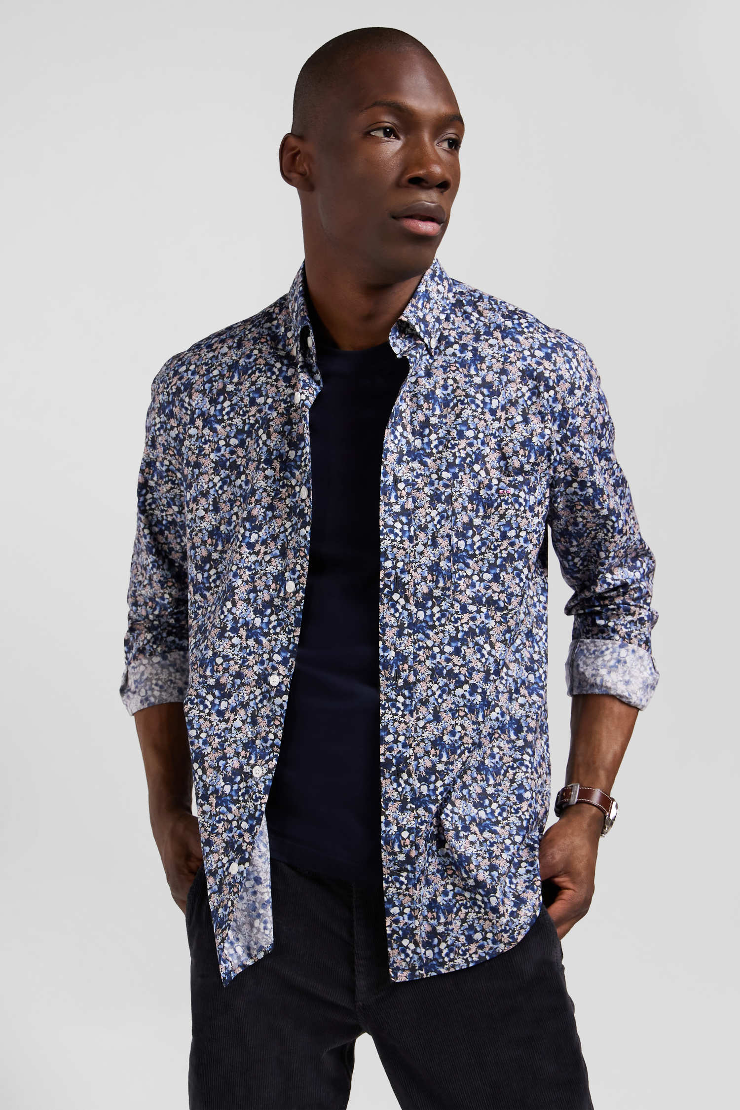 Regular navy blue Pima cotton poplin shirt with micro floral print