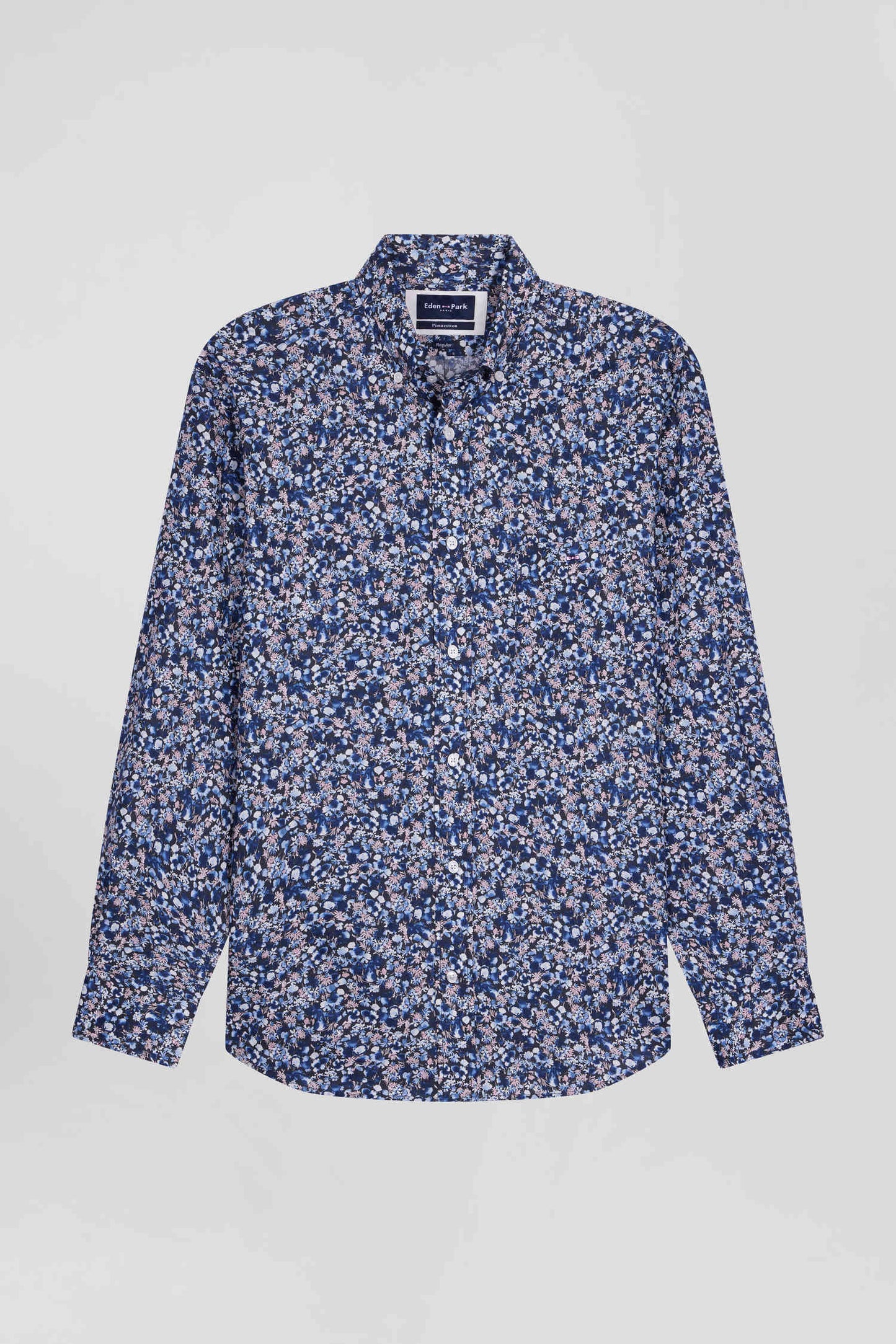 Regular navy blue Pima cotton poplin shirt with micro floral print