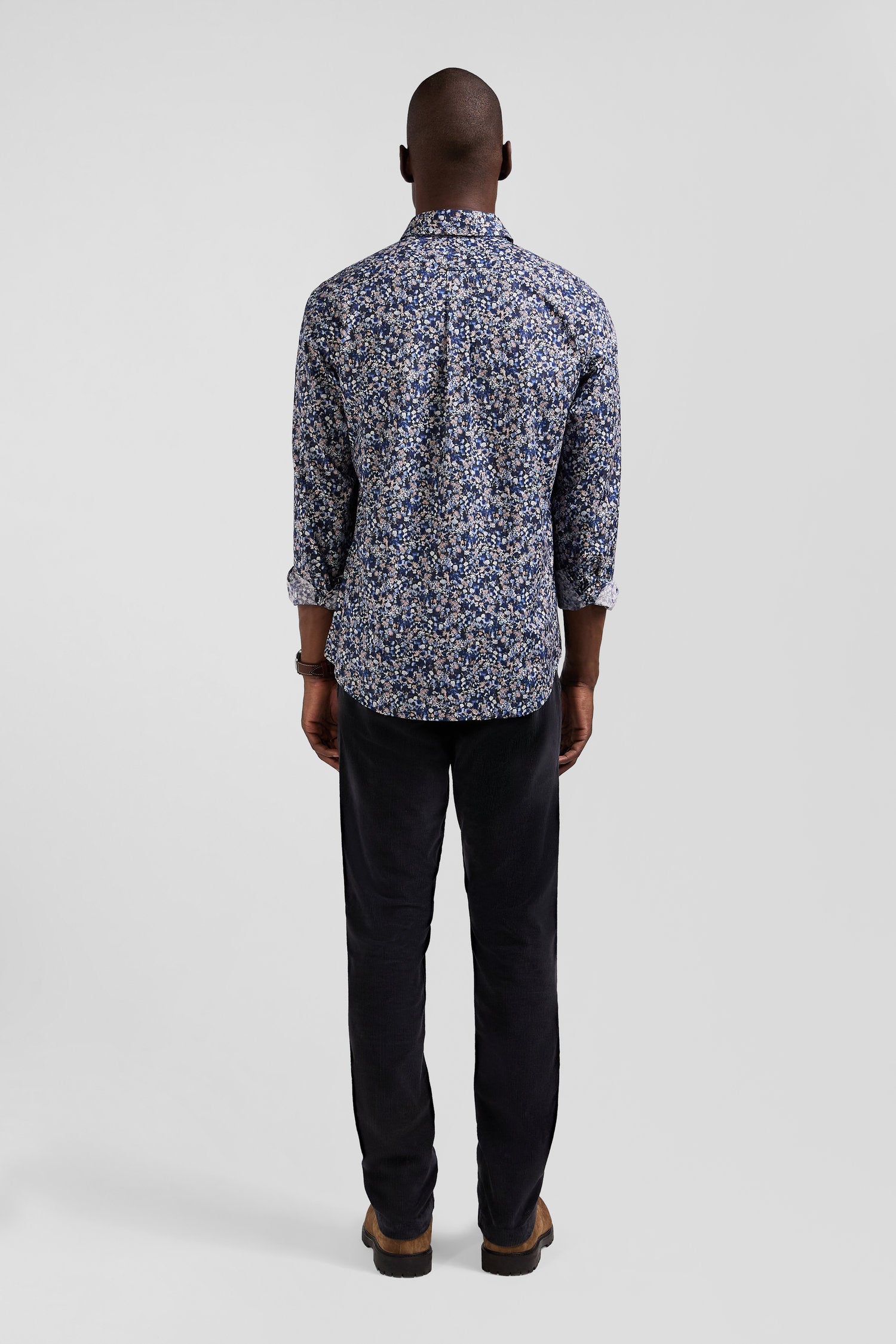 Regular navy blue Pima cotton poplin shirt with micro floral print