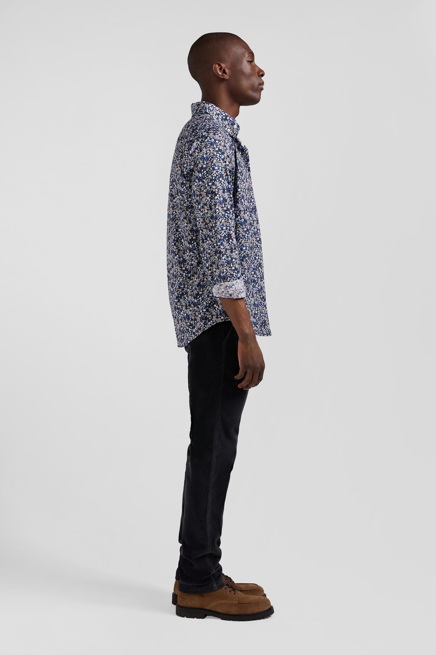 Regular navy blue Pima cotton poplin shirt with micro floral print