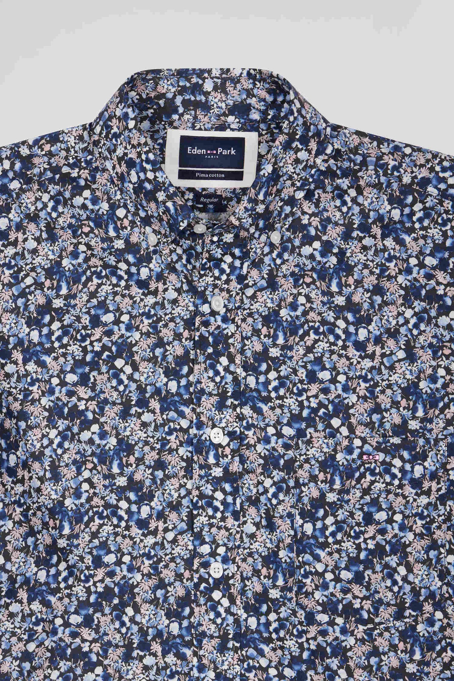 Regular navy blue Pima cotton poplin shirt with micro floral print