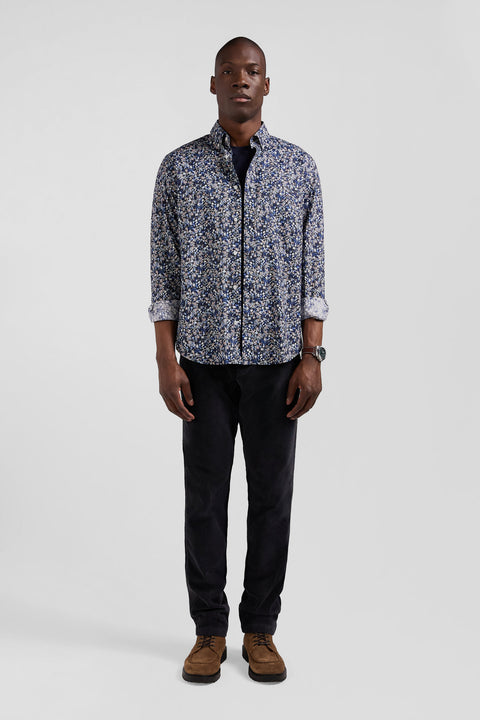 Regular navy blue Pima cotton poplin shirt with micro floral print - Image 1