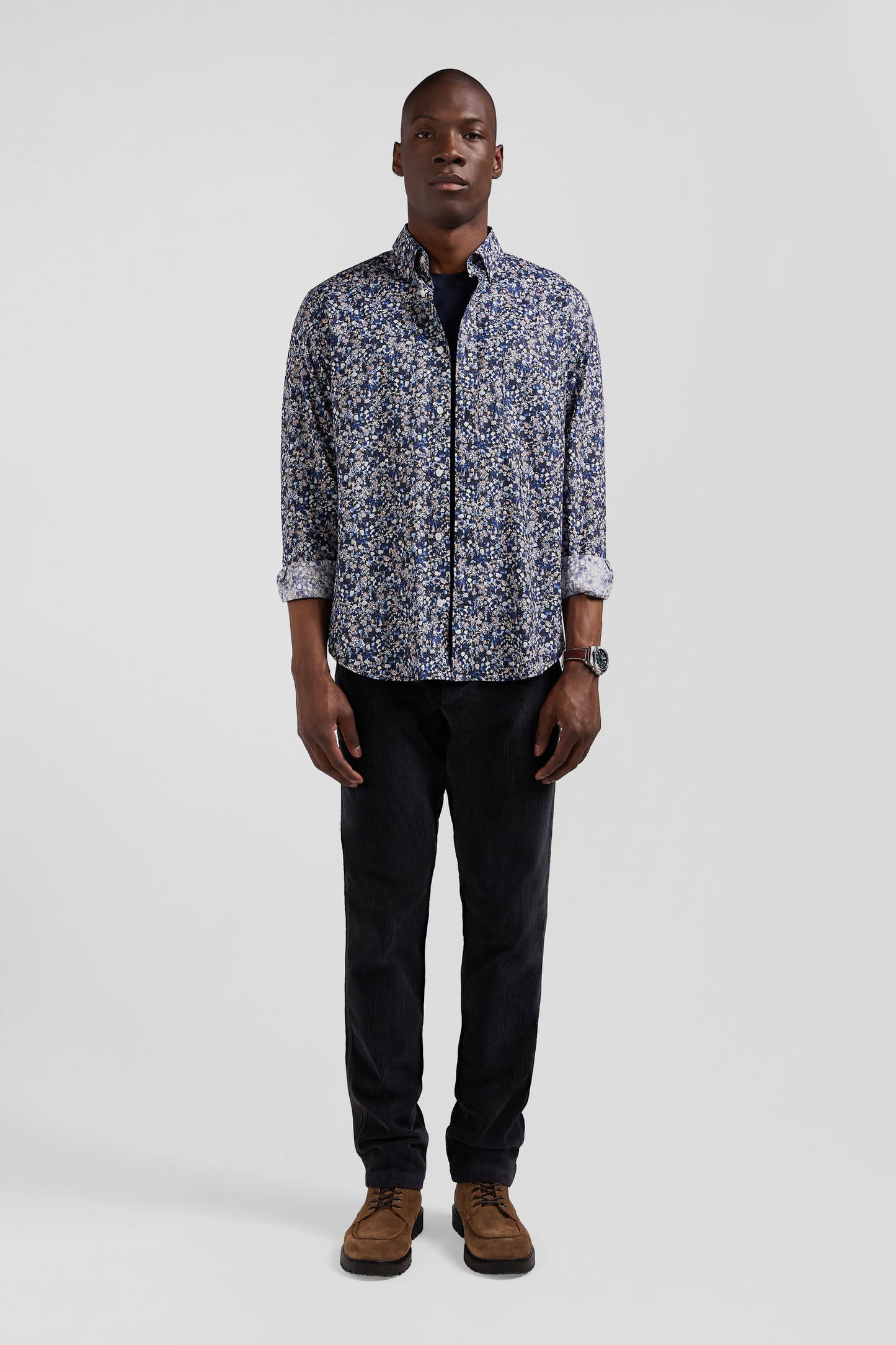 Regular navy blue Pima cotton poplin shirt with micro floral print