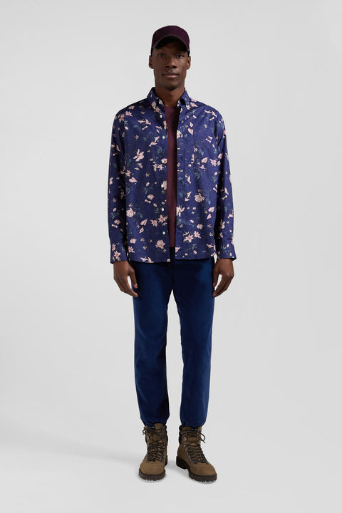 Regular navy Pima cotton poplin shirt with floral print - Image 1