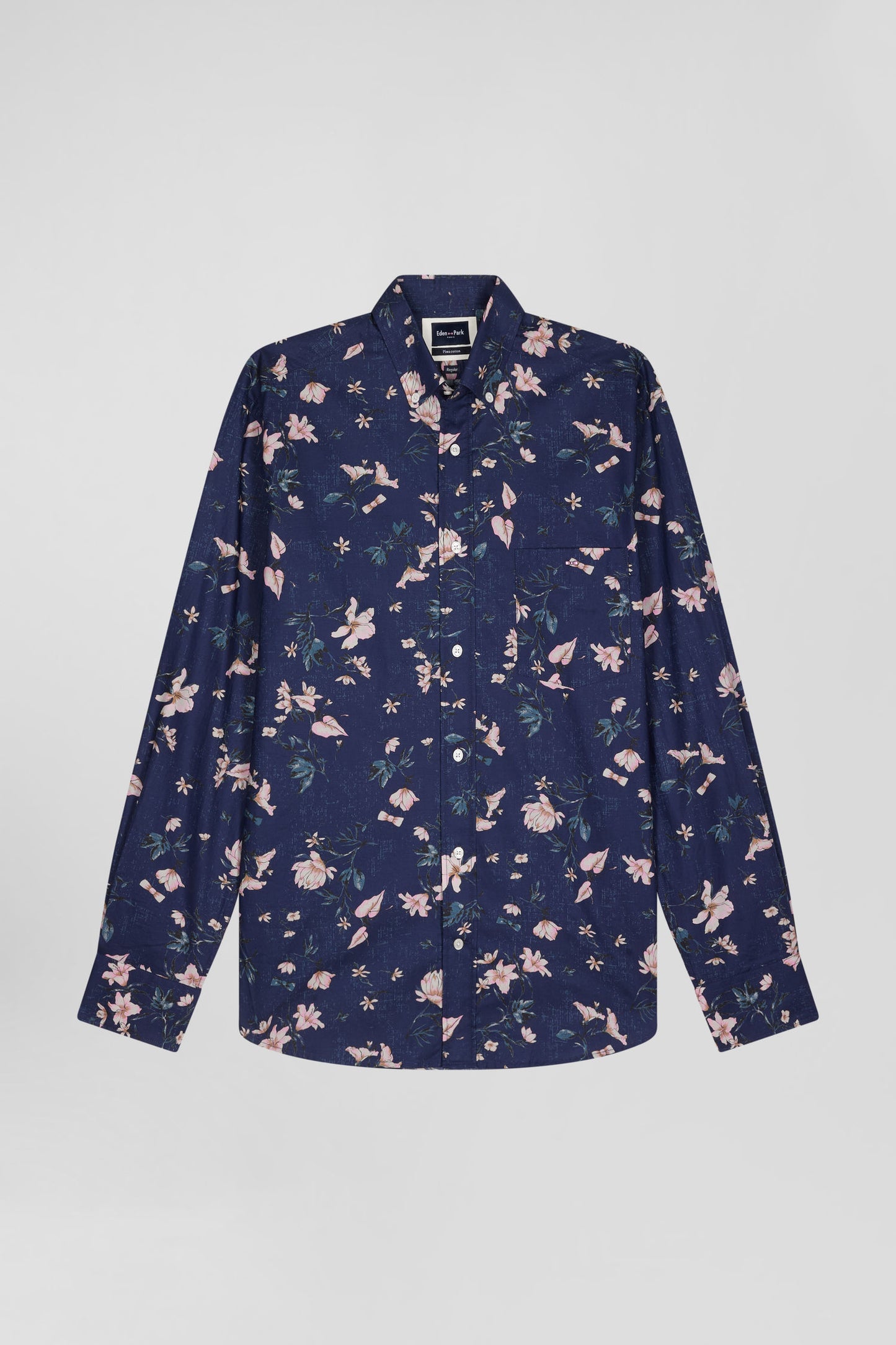 Regular navy Pima cotton poplin shirt with floral print