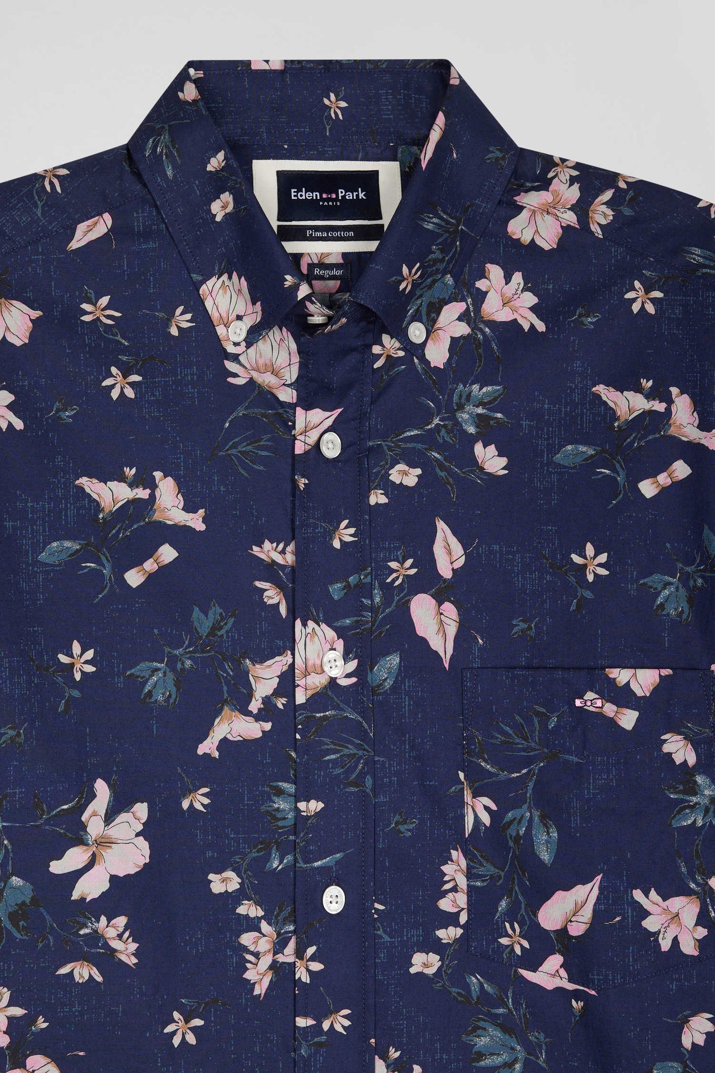 Regular navy Pima cotton poplin shirt with floral print