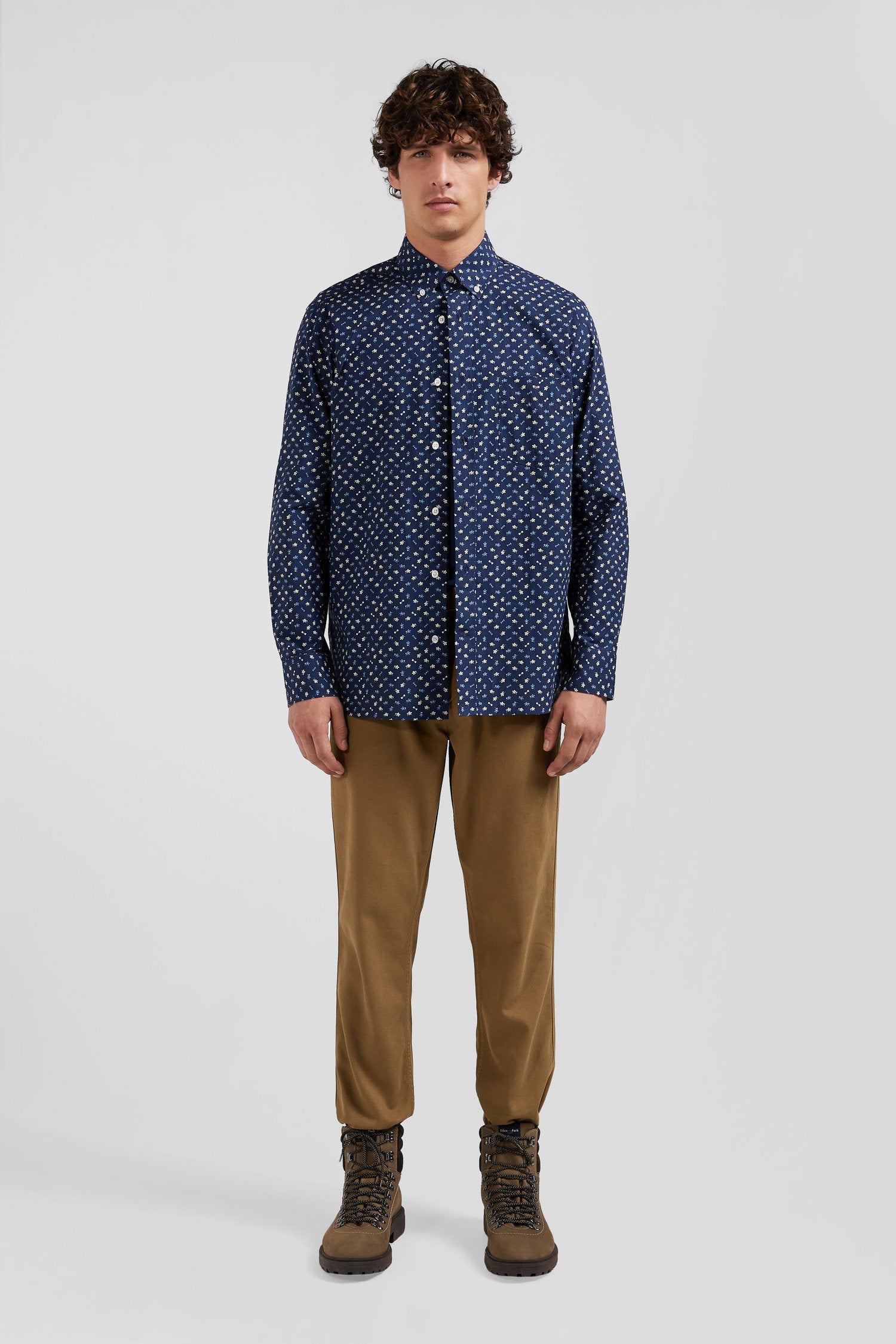 Regular navy cotton poplin shirt with micro floral print