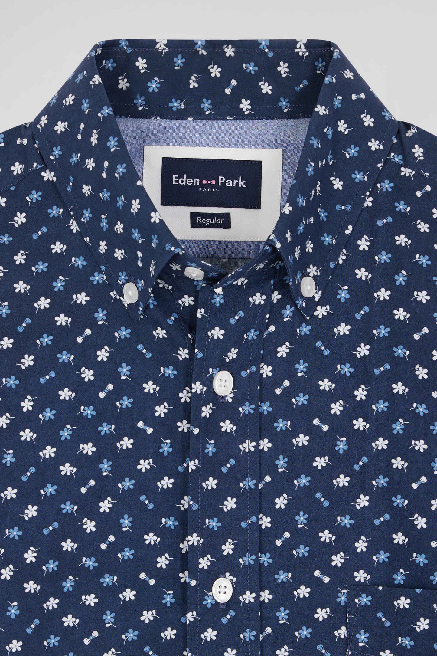 Regular navy cotton poplin shirt with micro floral print