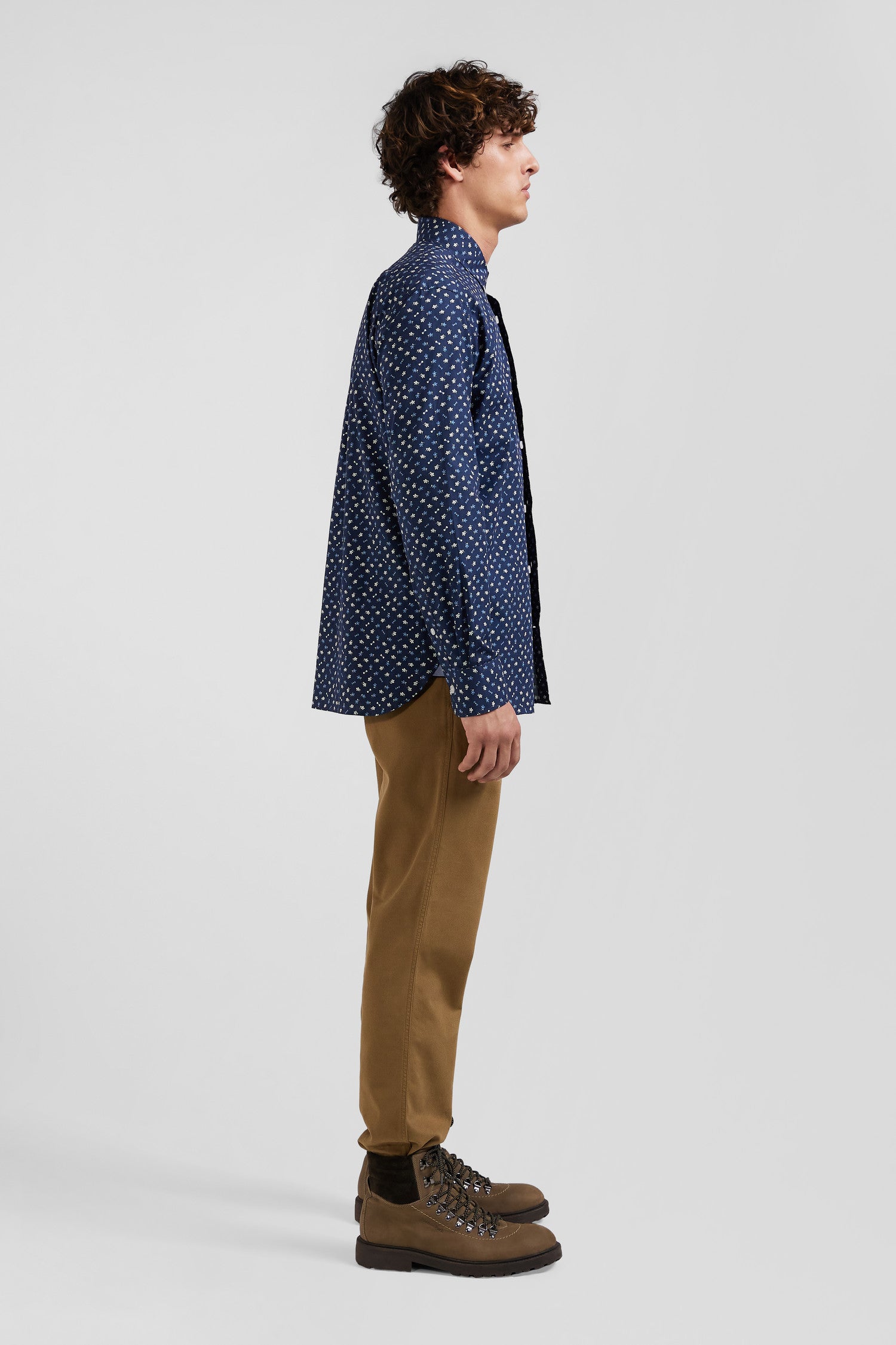 Regular navy cotton poplin shirt with micro floral print