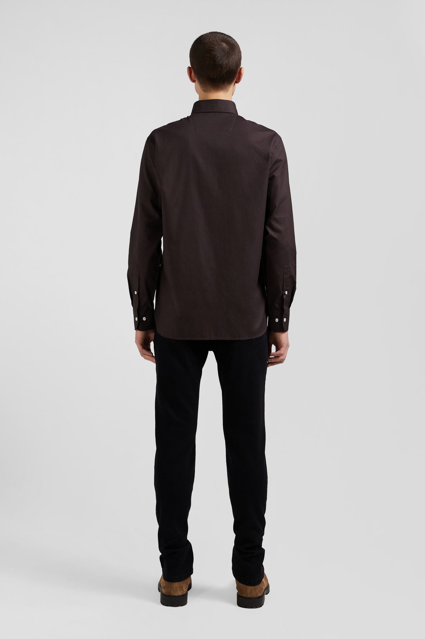 Regular brown oxford cotton shirt with striped bow tie detail