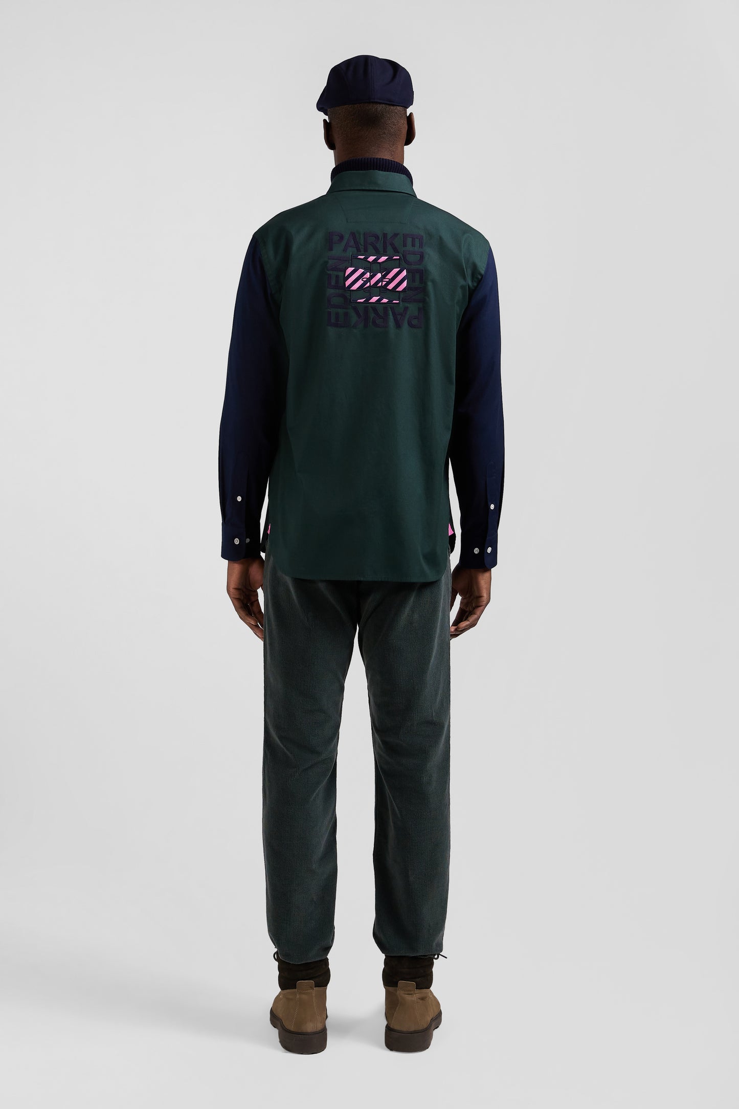 Regular green and navy oxford cotton shirt with back embroidery