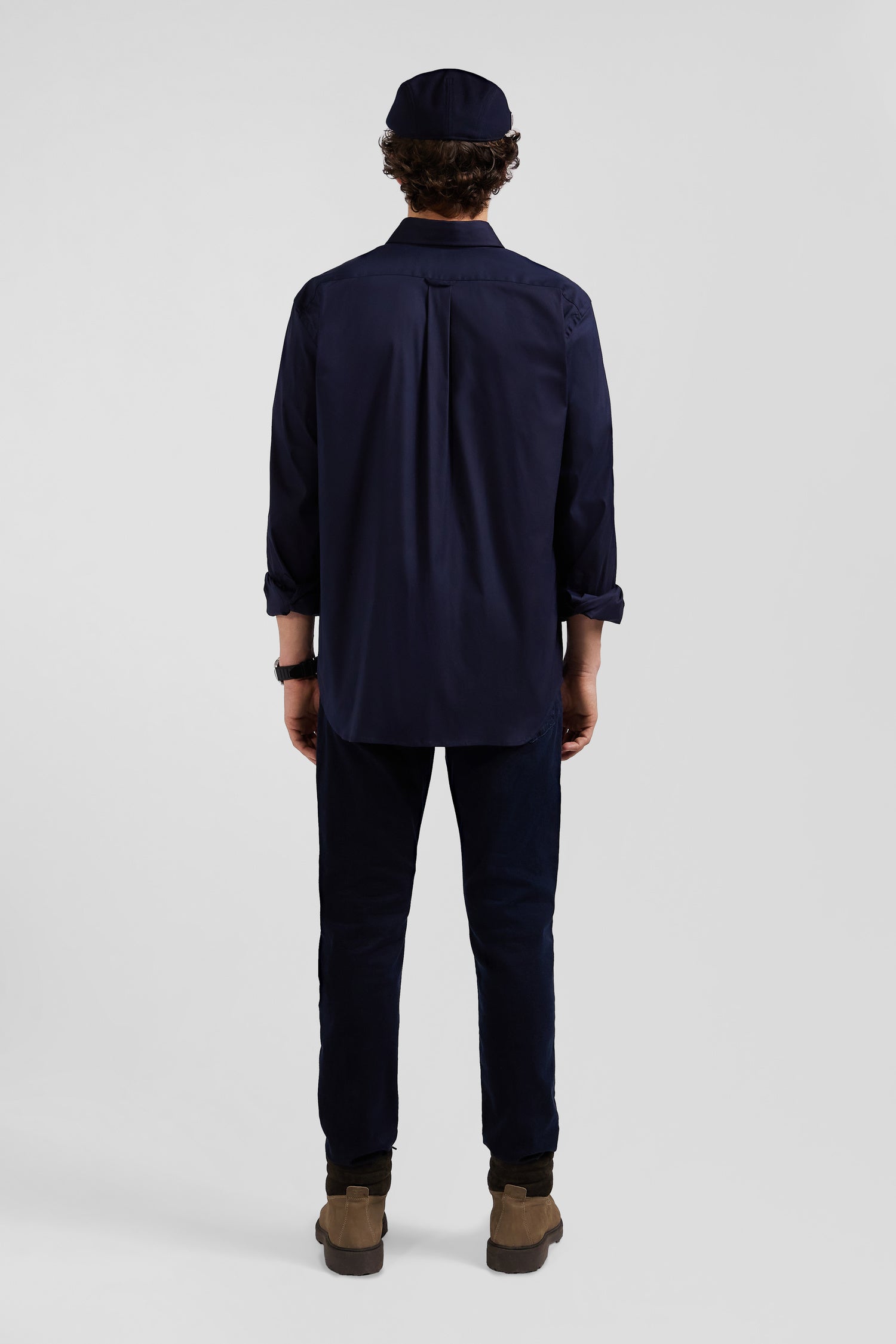 Regular plain navy blue mixed stretch cotton shirt