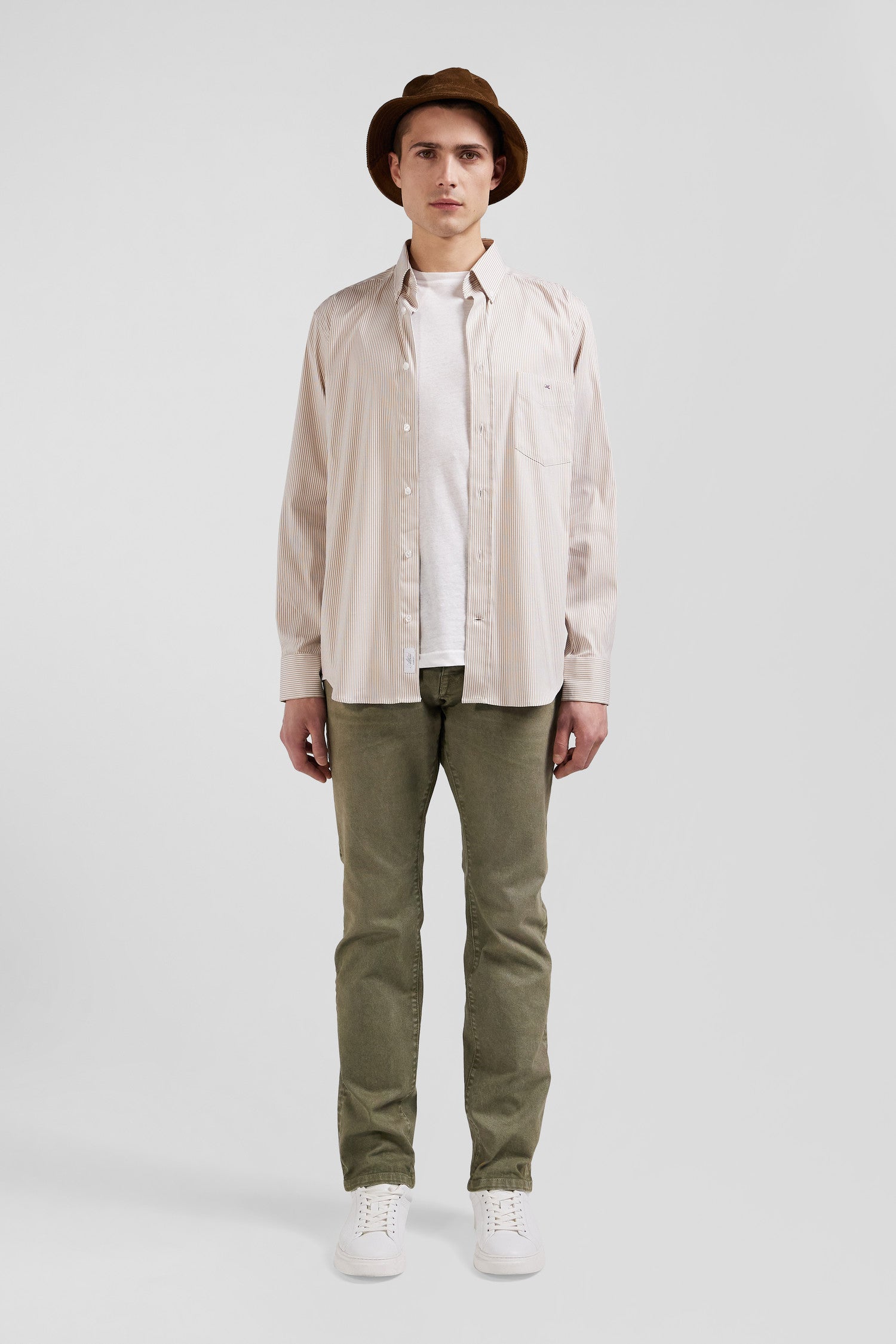 Regular beige cotton poplin shirt with baton stripes