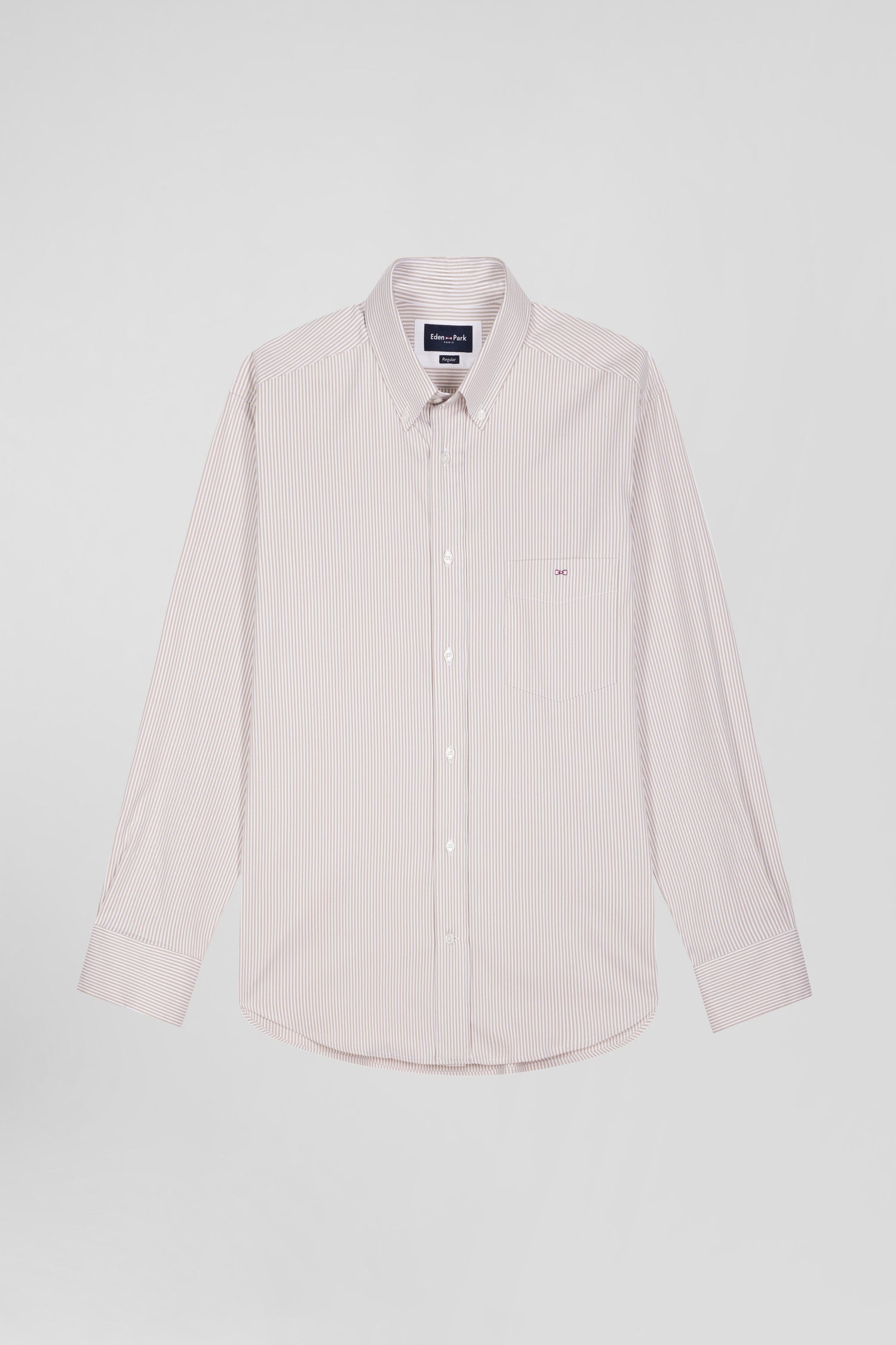 Regular beige cotton poplin shirt with baton stripes