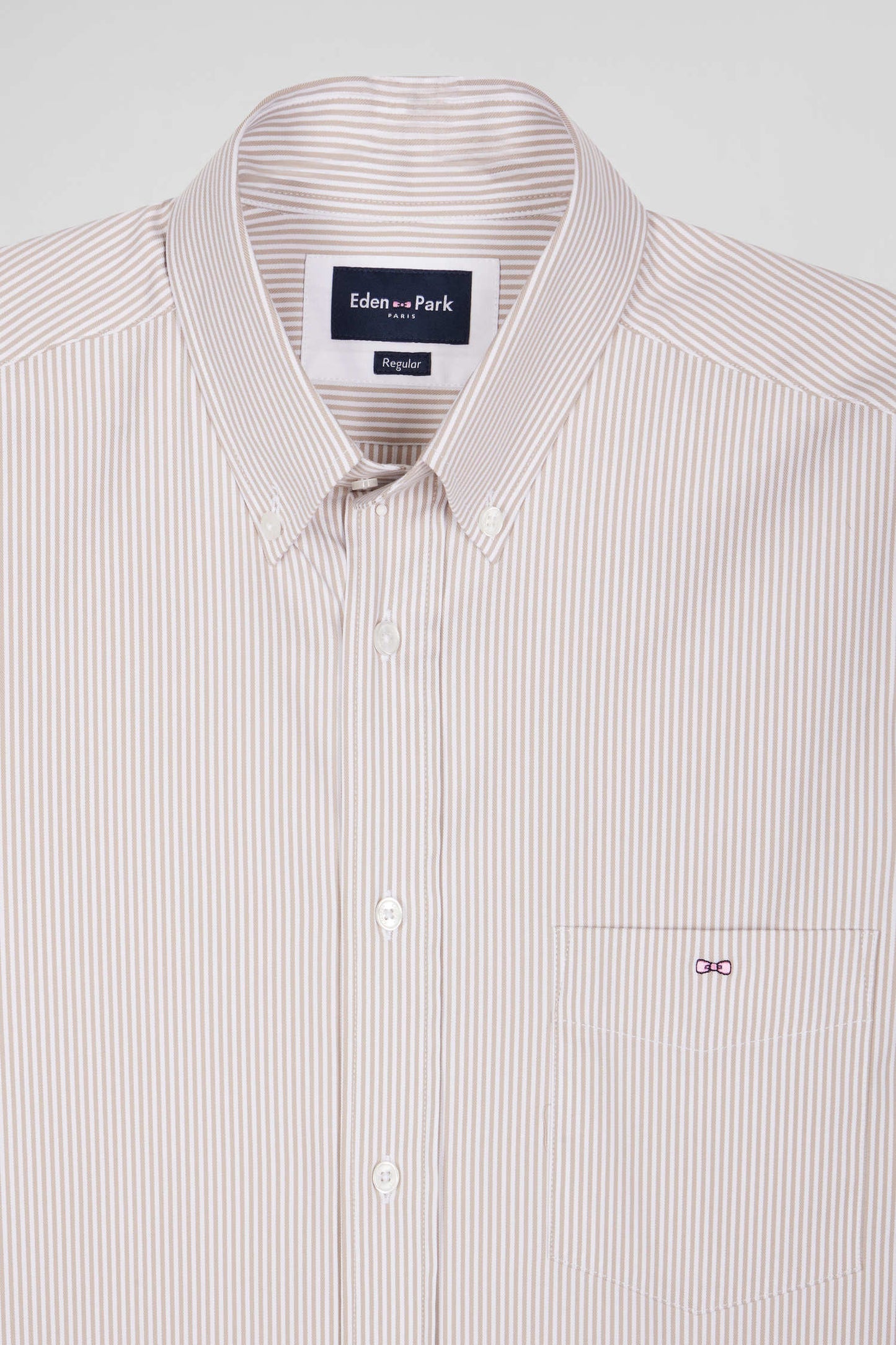 Regular beige cotton poplin shirt with baton stripes