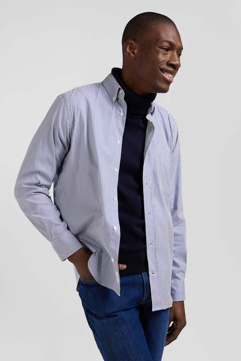 Regular navy blue cotton poplin shirt with baton stripes - Image 3