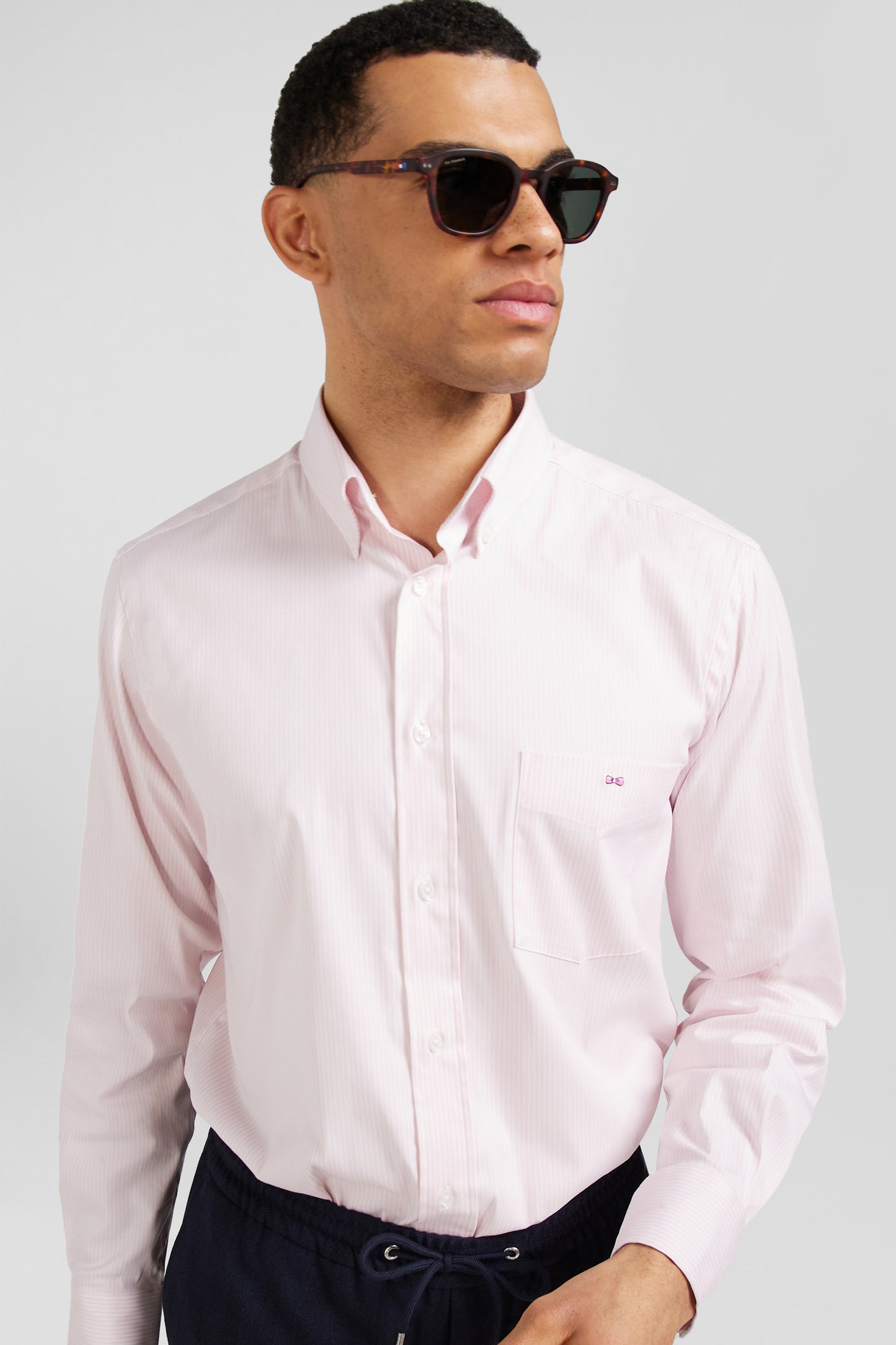 Regular pink cotton poplin shirt with baton stripes