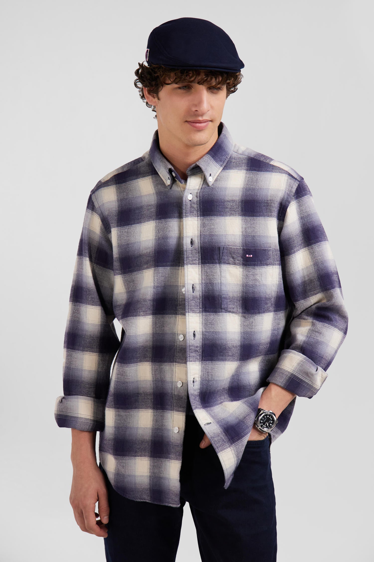 Regular indigo checked cotton shirt