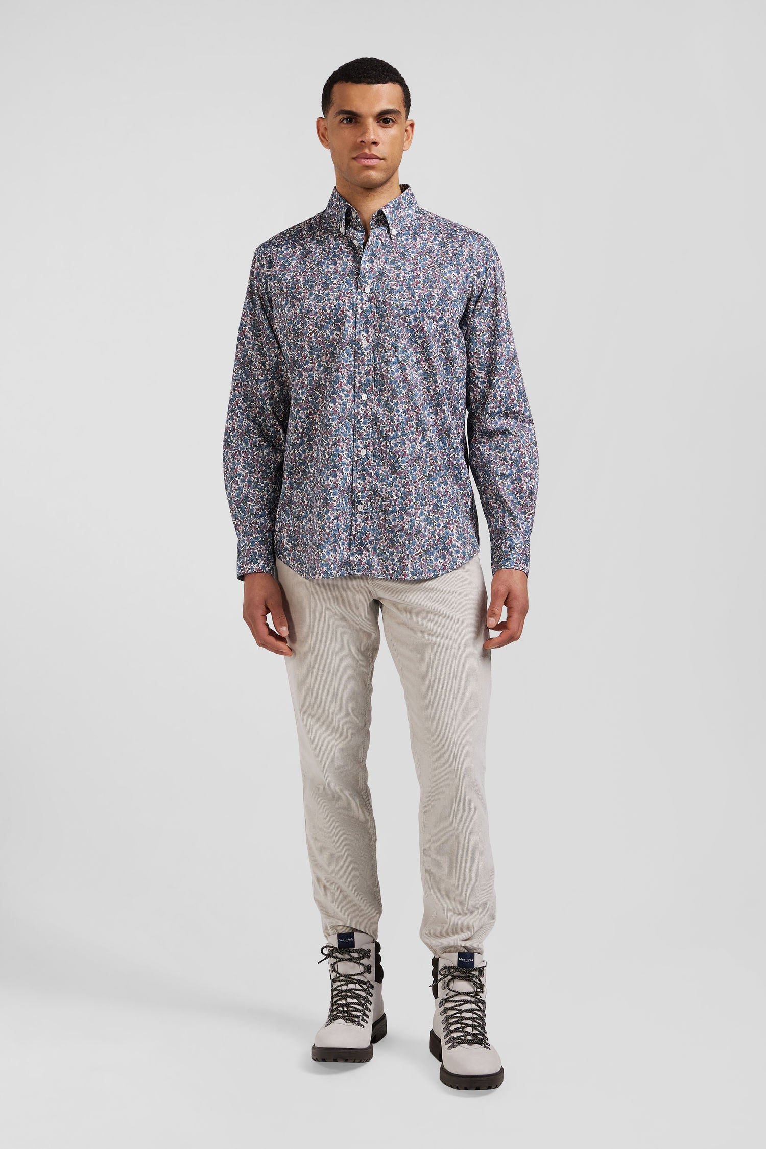 Regular blue floral print cotton poplin shirt