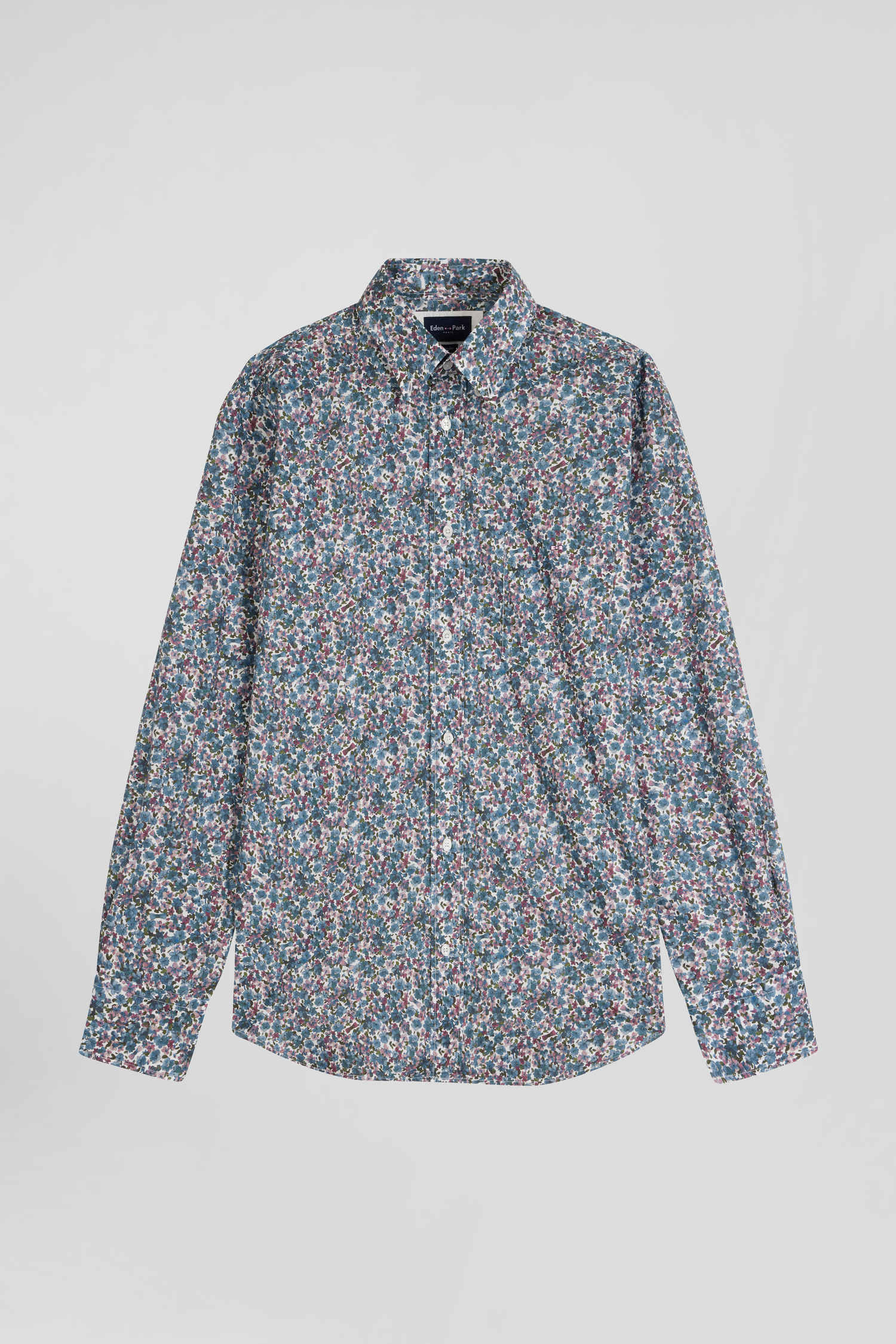 Regular blue floral print cotton poplin shirt