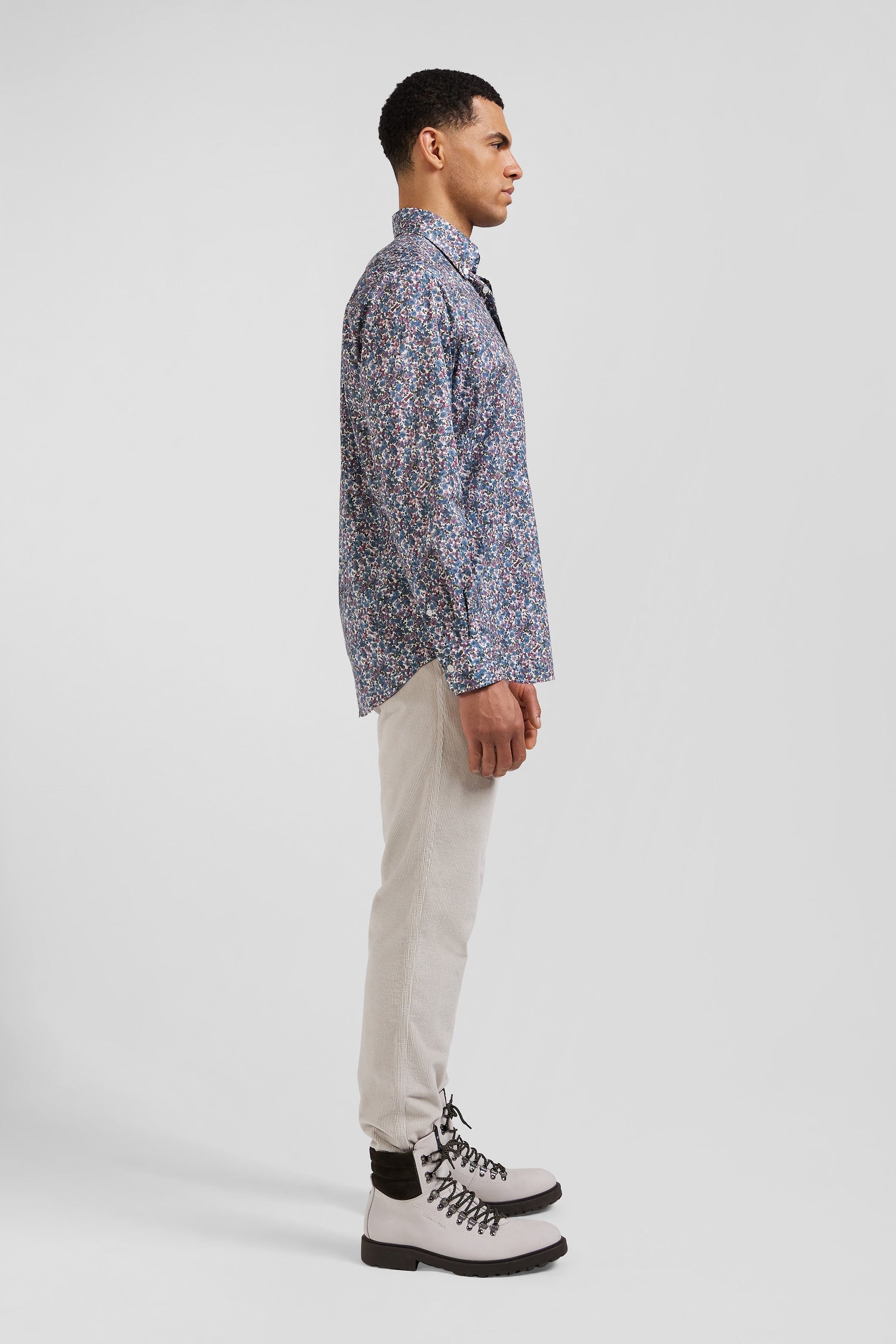 Regular blue floral print cotton poplin shirt