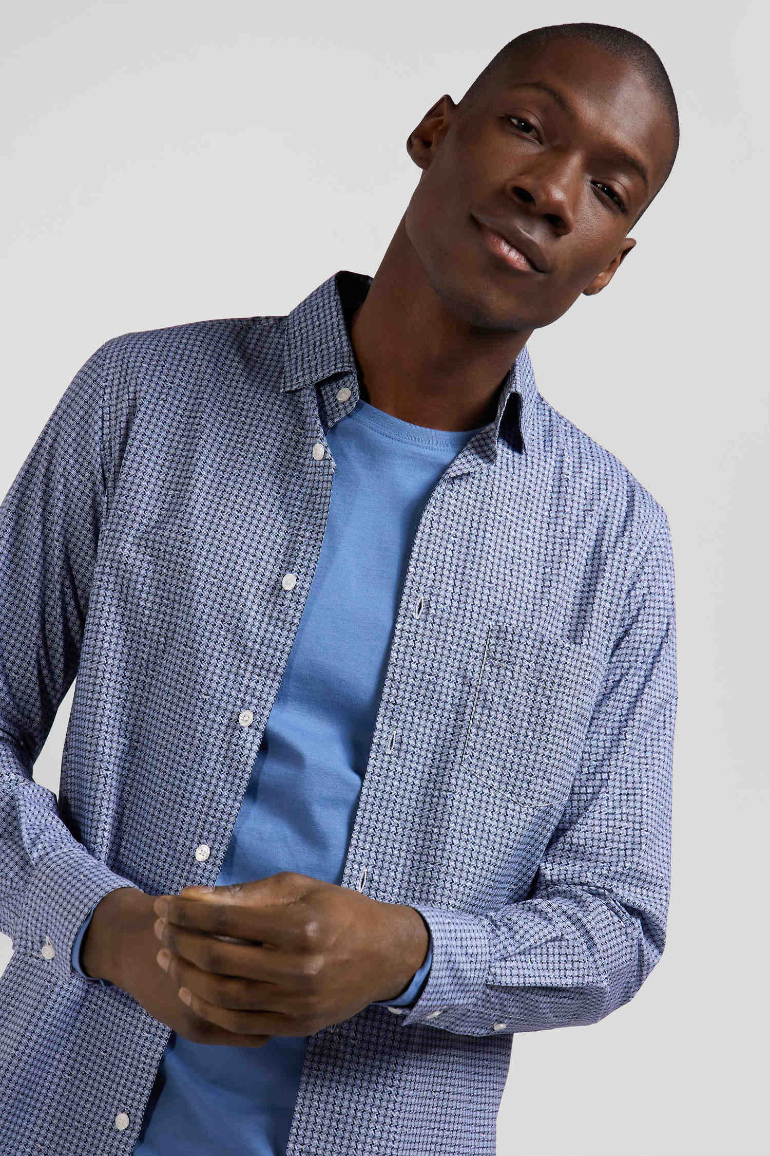 Slim blue graphic print cotton poplin shirt