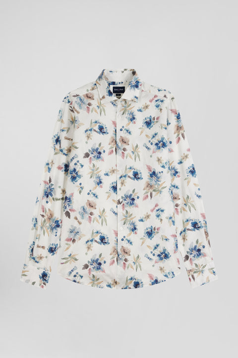 Slim ecru floral print cotton shirt - Image 2