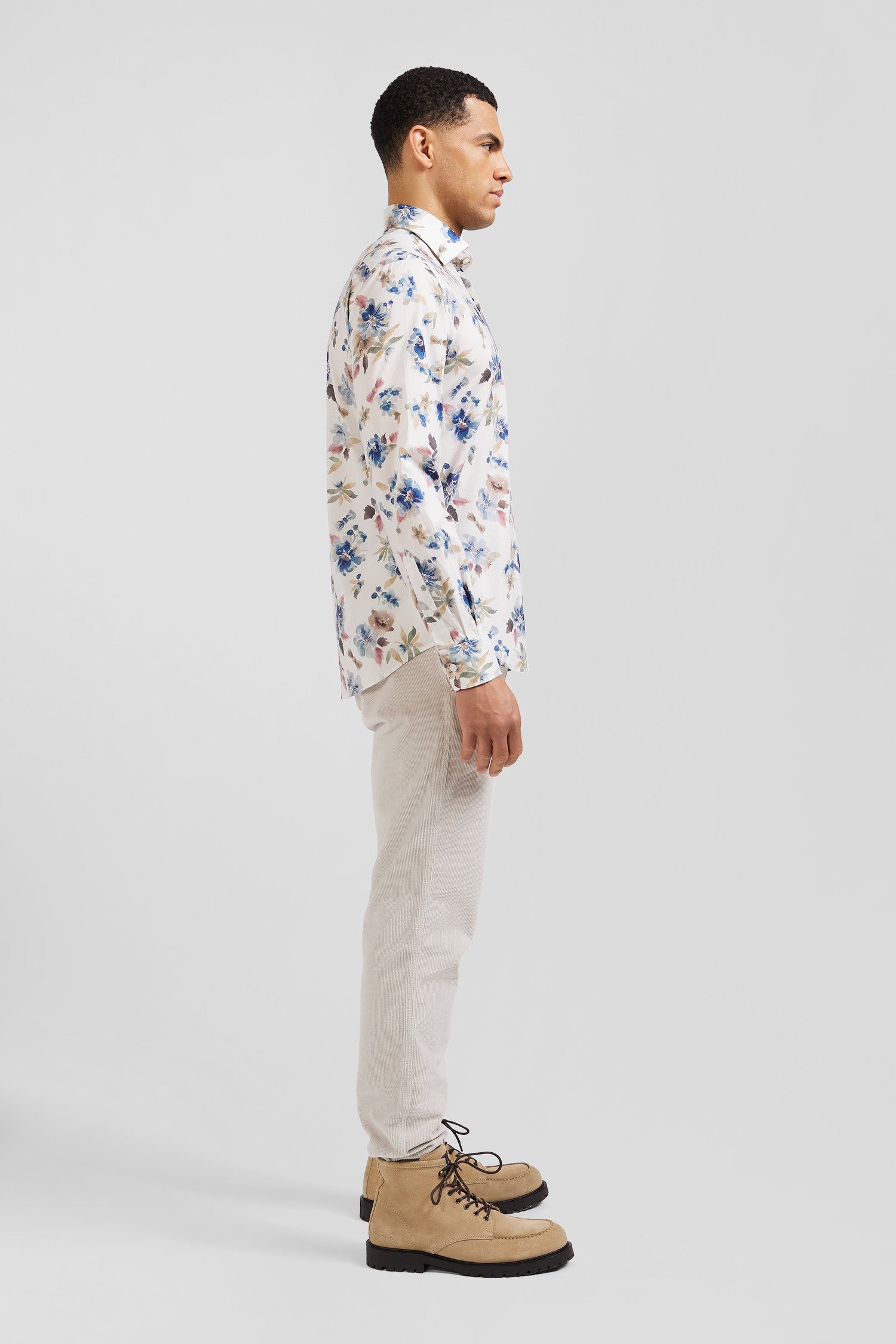 Slim ecru floral print cotton shirt