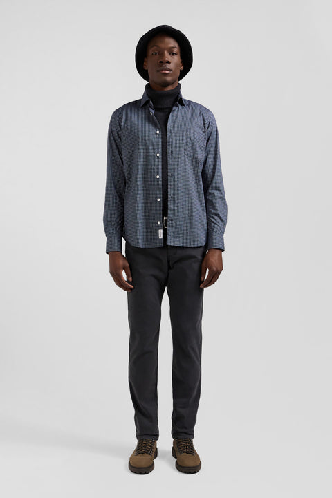 Slim navy blue micro checked cotton shirt - Image 1