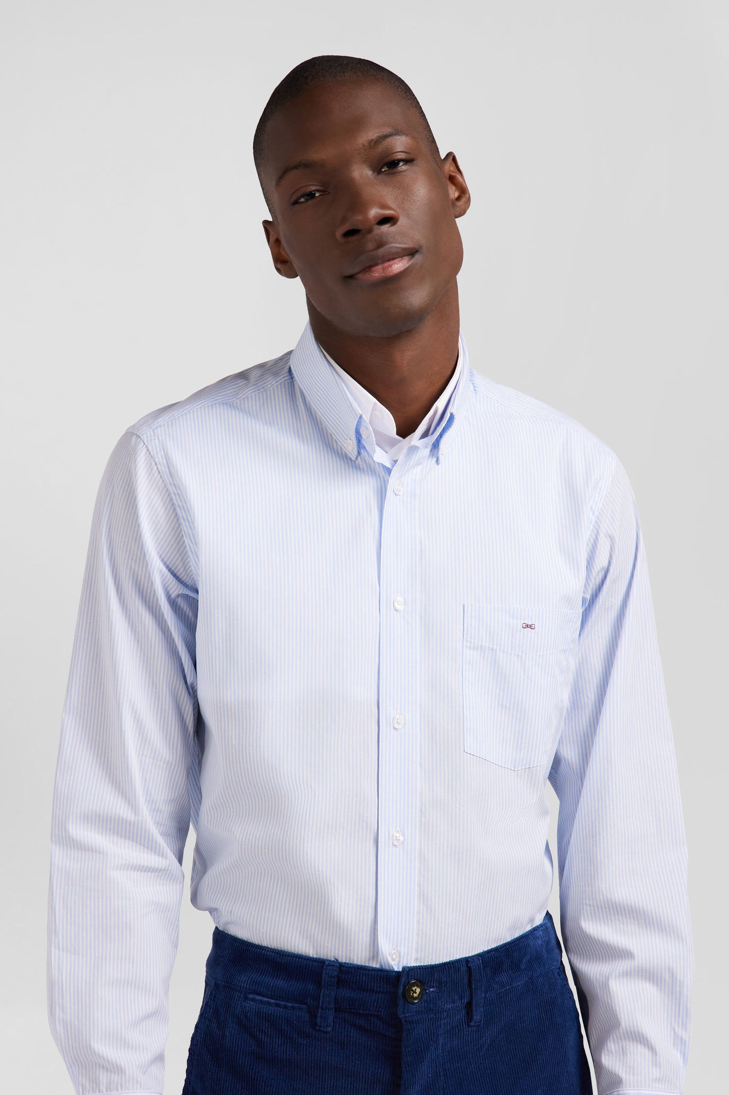 Regular sky blue cotton jacquard shirt with baton stripes