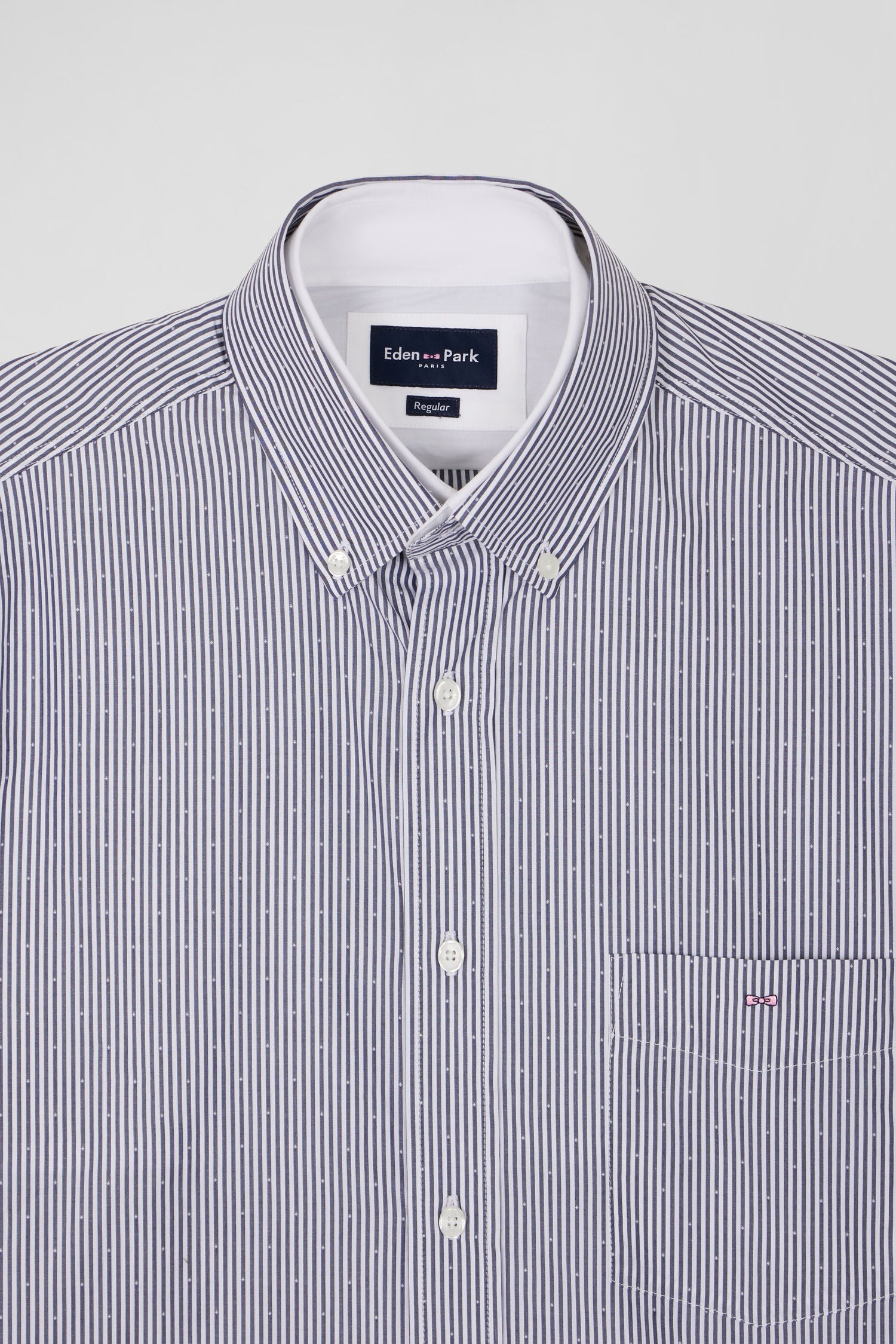 Regular navy blue cotton jacquard shirt with baton stripes