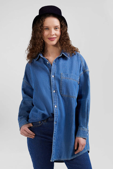 Oversize sky blue cotton shirt with patch pocket - Image 3
