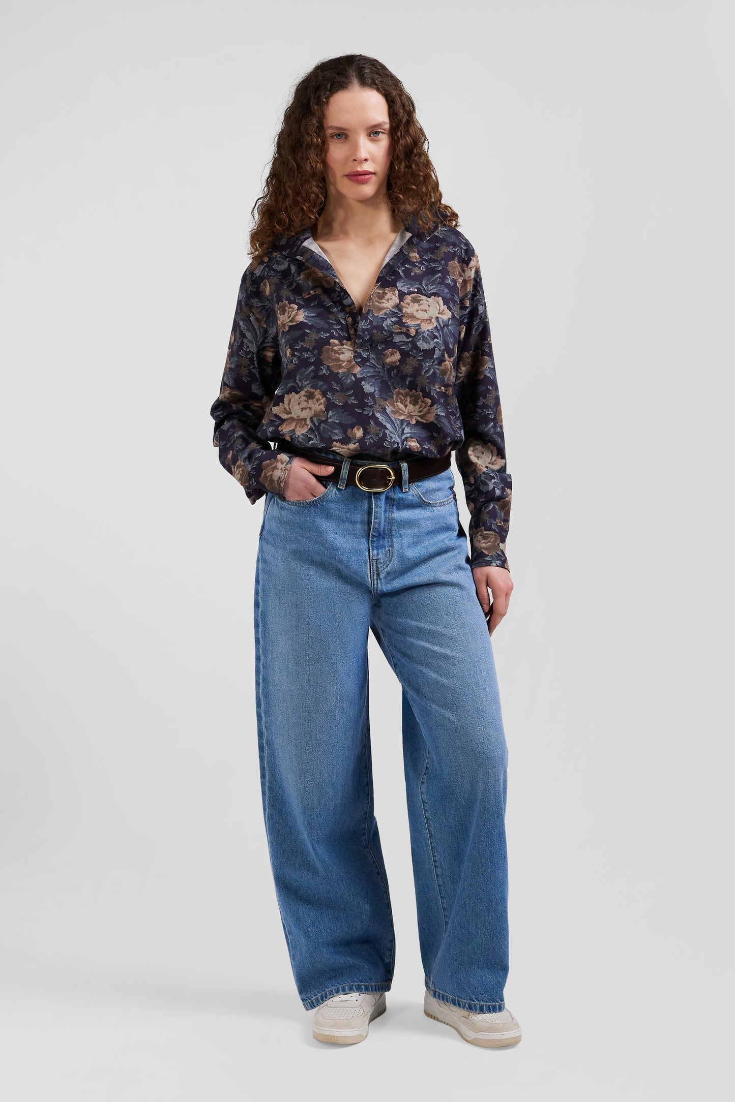 Relax navy blue floral print cotton flannel shirt