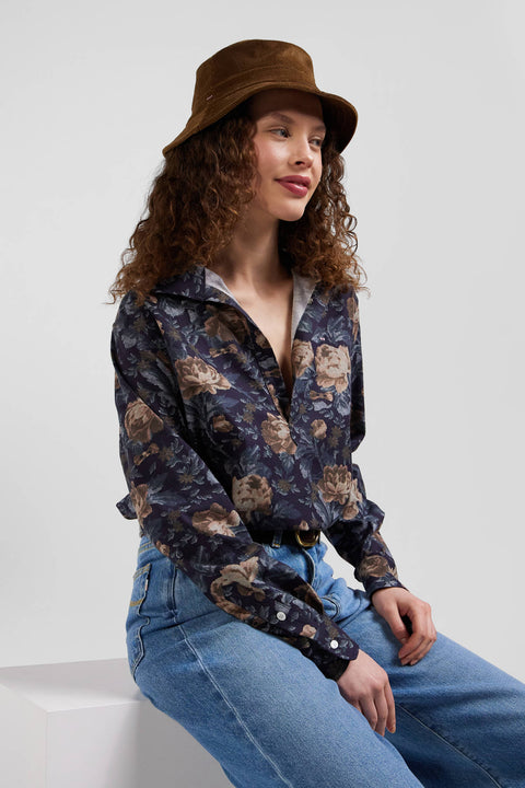Relax navy blue floral print cotton flannel shirt - Image 3