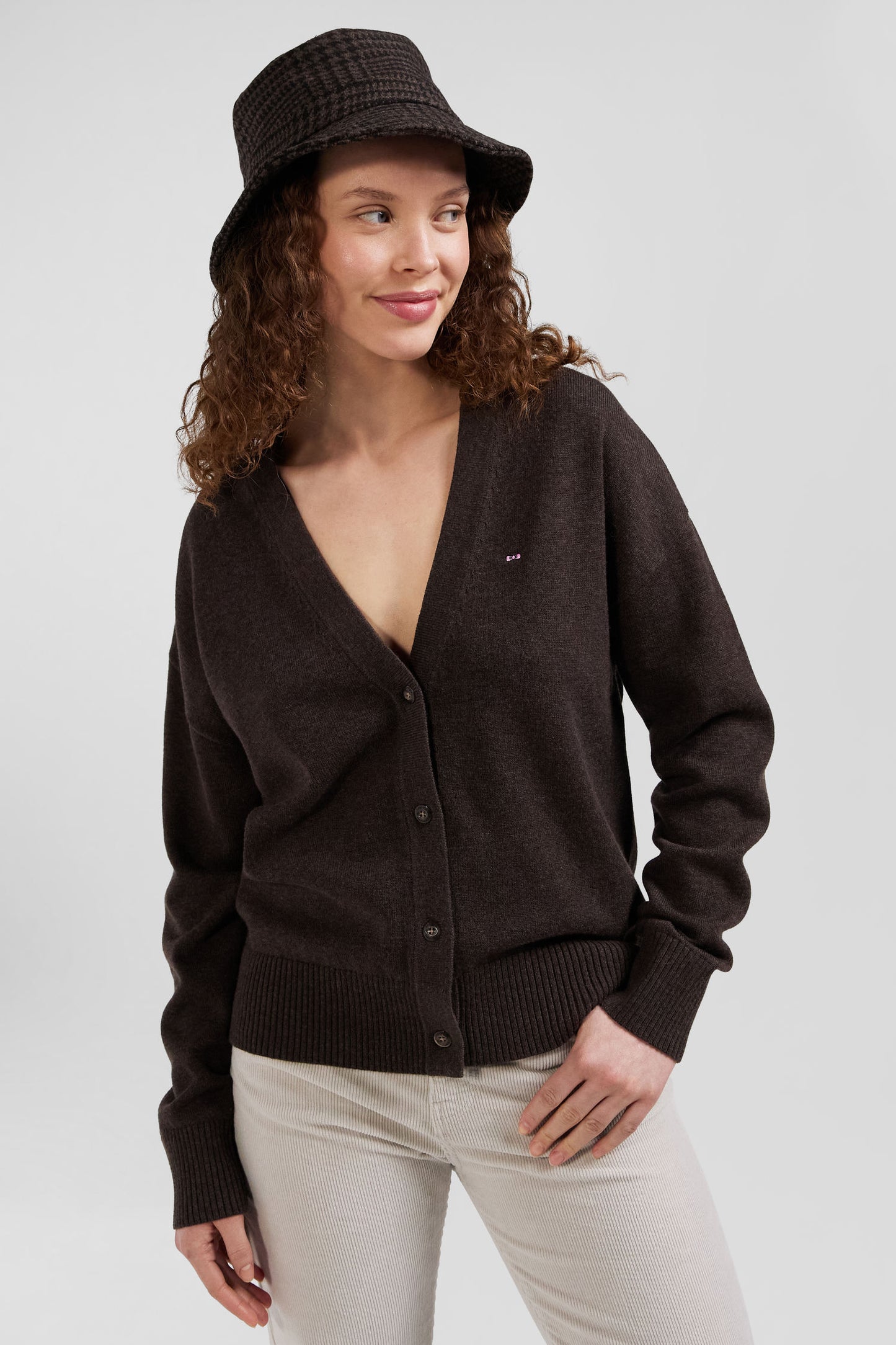 Cardigan en laine et coton marron coupe Relaxed