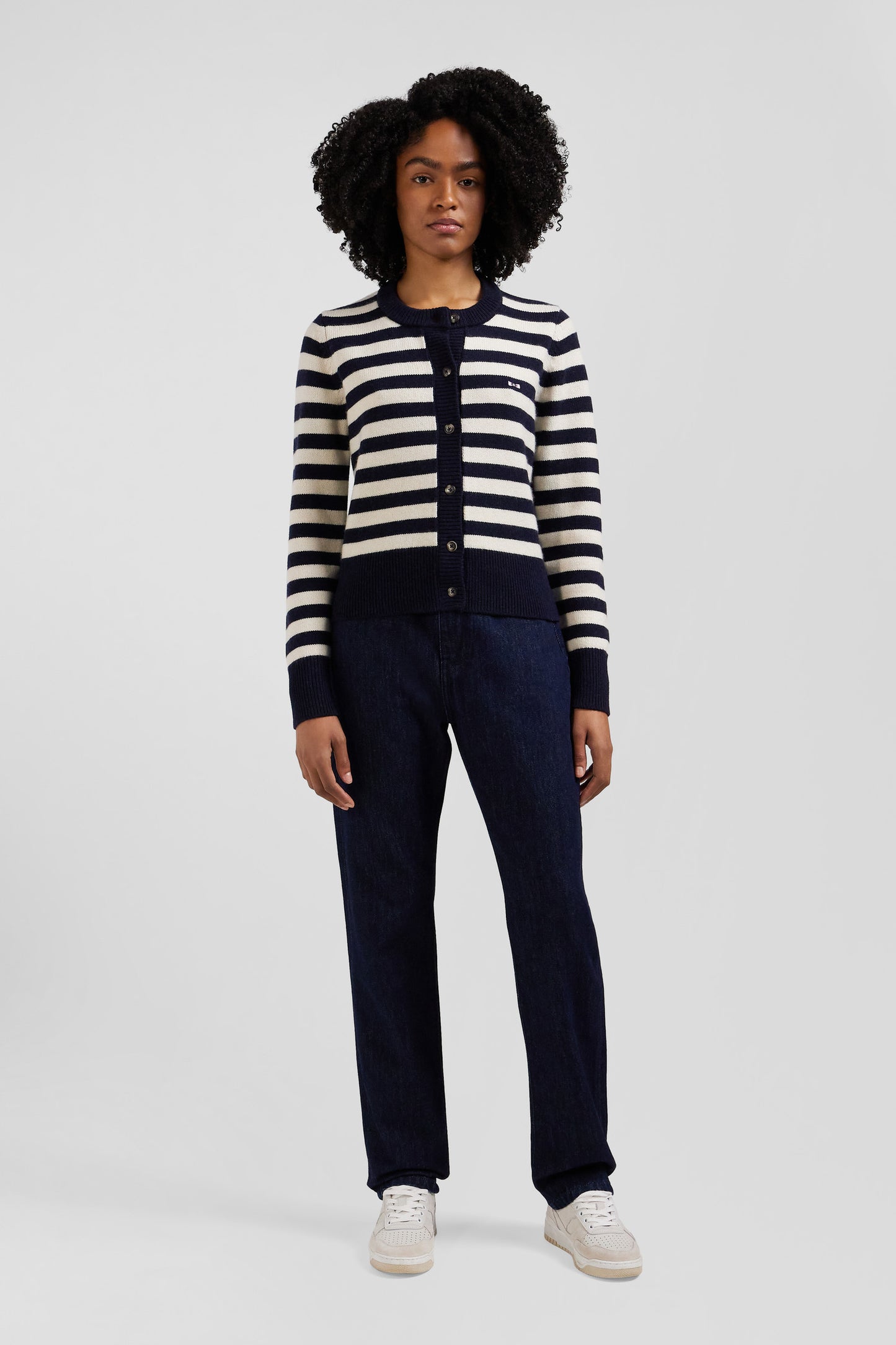 Regular navy blue and cashmere sailor striped cardigan