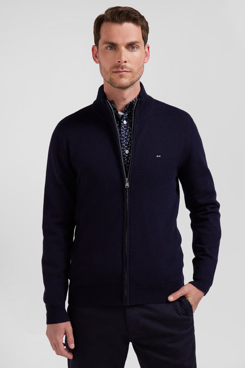 Regular navy blue plain wool and cotton zipped cardigan - Image 3