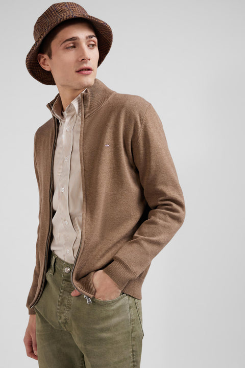 Regular camel plain wool and cotton zipped cardigan - Image 3